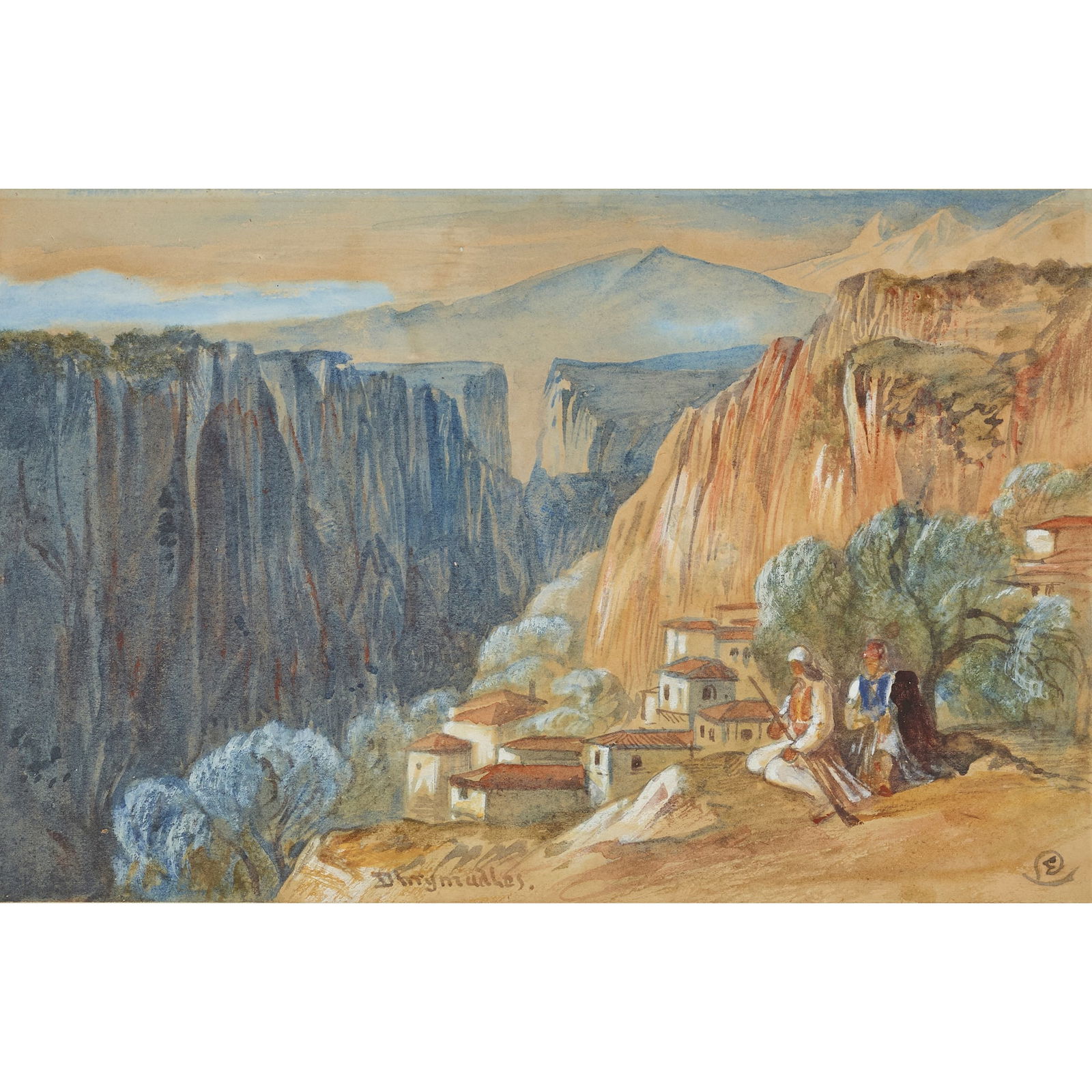 EDWARD LEAR (BRITISH 1812-1888): EDWARD LEAR (BRITISH 1812-1888) DRYMADES, ALBANIA Signed with the monogram and inscribed ‘Drymades’, watercolour heightened with white 11.5cm x 18cm (4.5in x 7.25in) Thos. Agnew & Sons Ltd