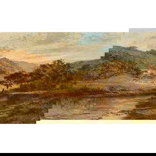 ROBERT GALLON (BRITISH 1845-1925): ROBERT GALLON (BRITISH 1845-1925) A RIVER LANDSCAPE WITH DISTANT HARVESTERS Signed, oil on canvas 61cm x 101cm (24in x 40in)