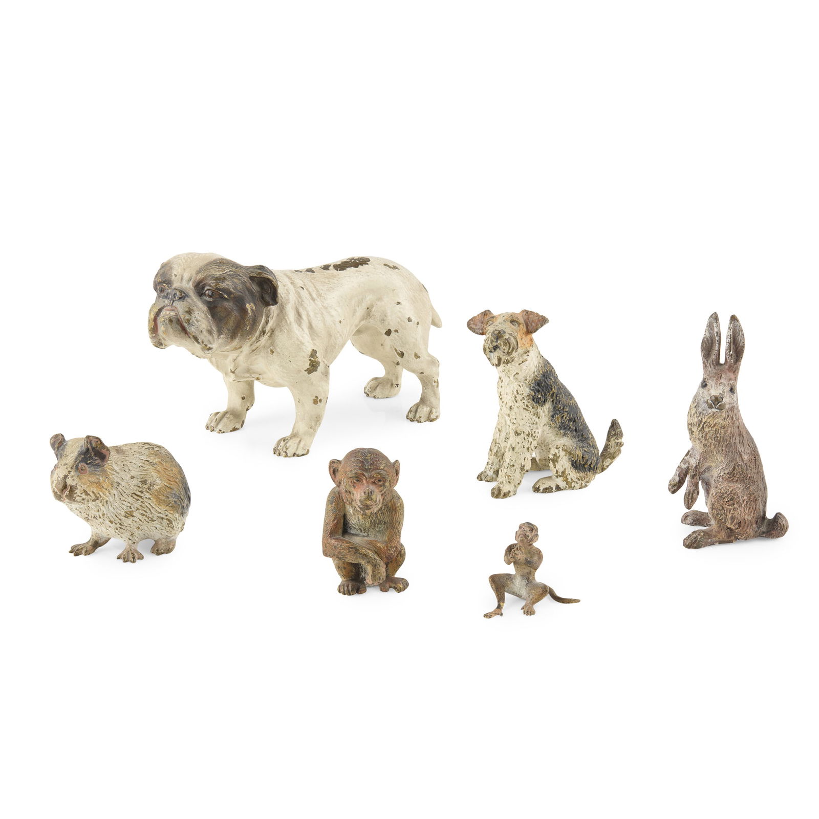 GROUP OF AUSTRIAN COLD PAINTED BRONZE FIGURES OF ANIMALS: GROUP OF AUSTRIAN COLD PAINTED BRONZE FIGURES OF ANIMALS EARLY 20TH CENTURY including a bulldog, a fox terrier, a hare, a guinea pig, a seated macaque and a miniature figure of a monkey; the bulldog u