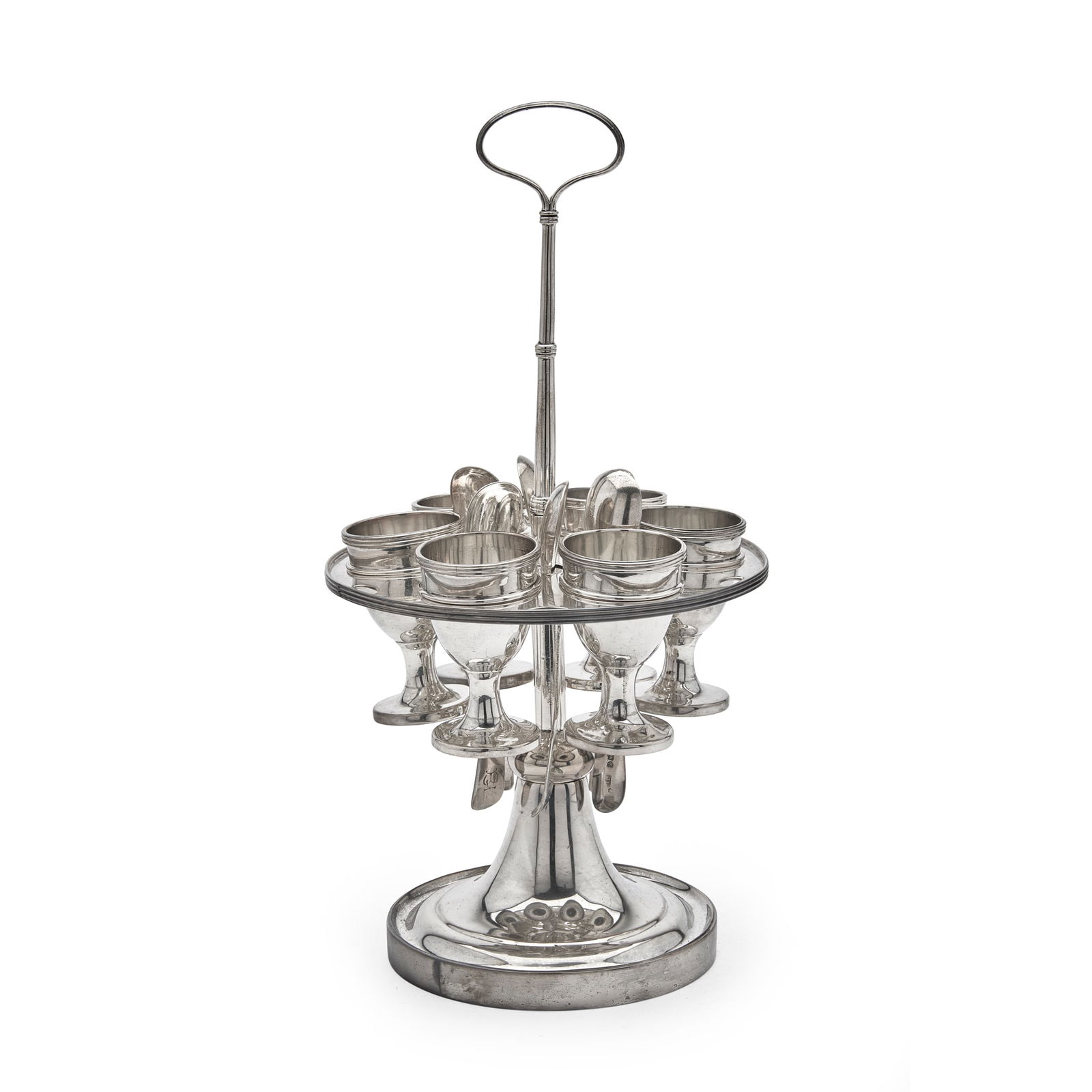 CALCUTTA - AN INDIAN EGG EPERGNE: CALCUTTA - AN INDIAN EGG EPERGNE WILLIAM HENRY TWENTYMAN, MID 19TH CENTURY of circular form, loop handle, the plain egg cups with a threaded border, raised on a circular foot, with six associated Brit