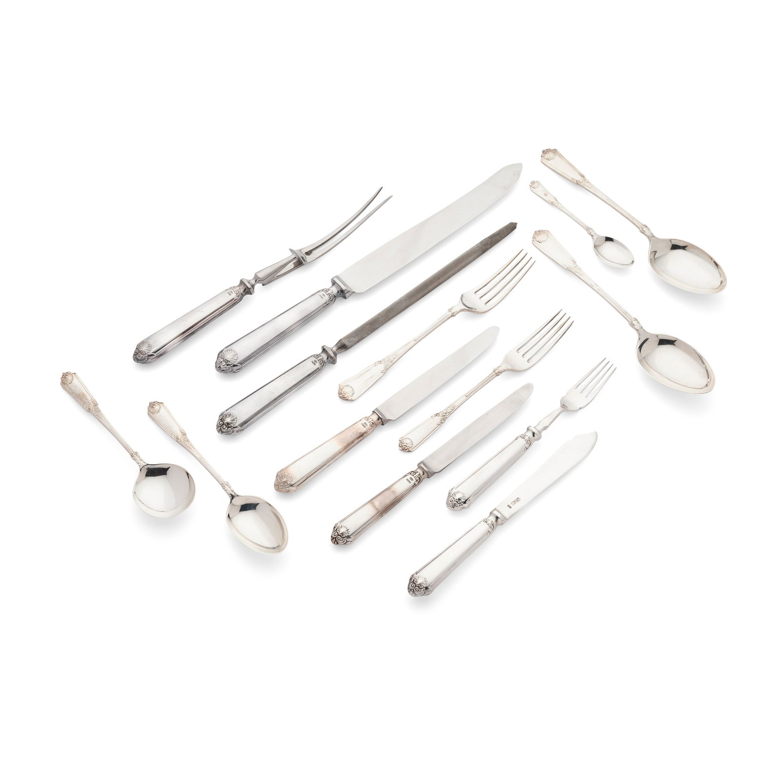 A LATE 20TH CENTURY MATCHED CANTEEN OF FLATWARE: A LATE 20TH CENTURY MATCHED CANTEEN OF FLATWARE MAPPIN & WEBB, SHEFFIELD LATE 1960s/ EARLY 1970s Comprising, carving set and knife sharpener, four serving spoons, eight table forks, eight dessert spoo