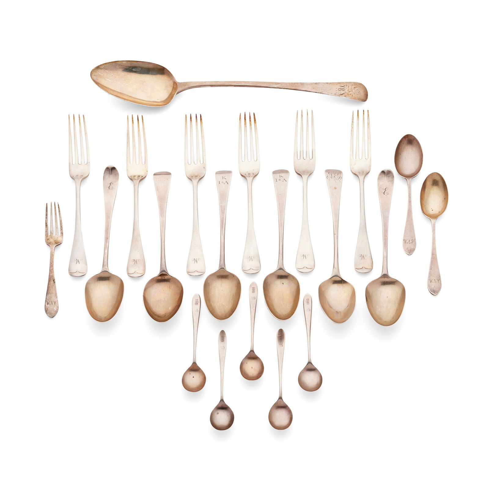 A COLLECTION OF OLD ENGLISH FLATWARE: A COLLECTION OF OLD ENGLISH FLATWARE To include, a basting spoon, Christopher & Thomas Wilkes Barker, London 1804, a matched set of six tablespoons, mainly Stephen Adams, London 1784; a set of six tab