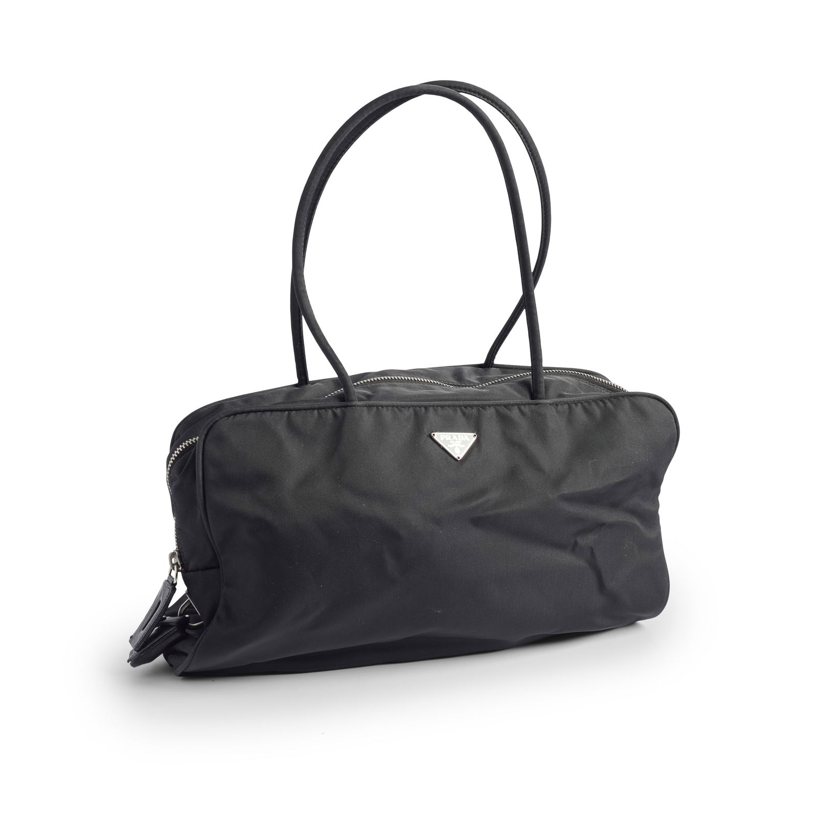 Prada: A Tessuto Top Handle Shoulder Bag: Prada: A Tessuto Top Handle Shoulder Bag Black nylon with triangle logo, silver metal hardware, padlock with leather casing 30 x 20 x 8cm