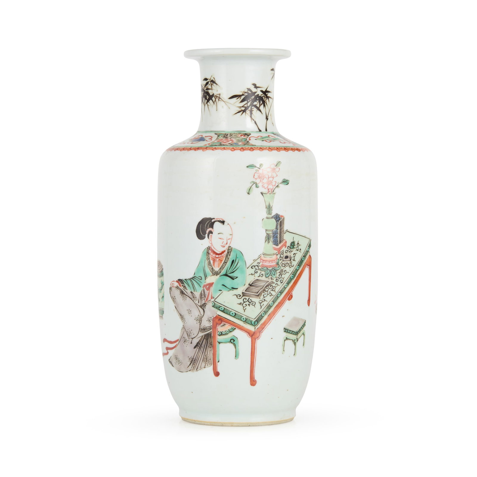 CHINESE WUCAI ‘LADY AND BOY’ VASE: CHINESE WUCAI ‘LADY AND BOY’ VASE 五彩仕女嬰戲圖小棒槌瓶of baluster form, painted with an idyll lady leaning against a low