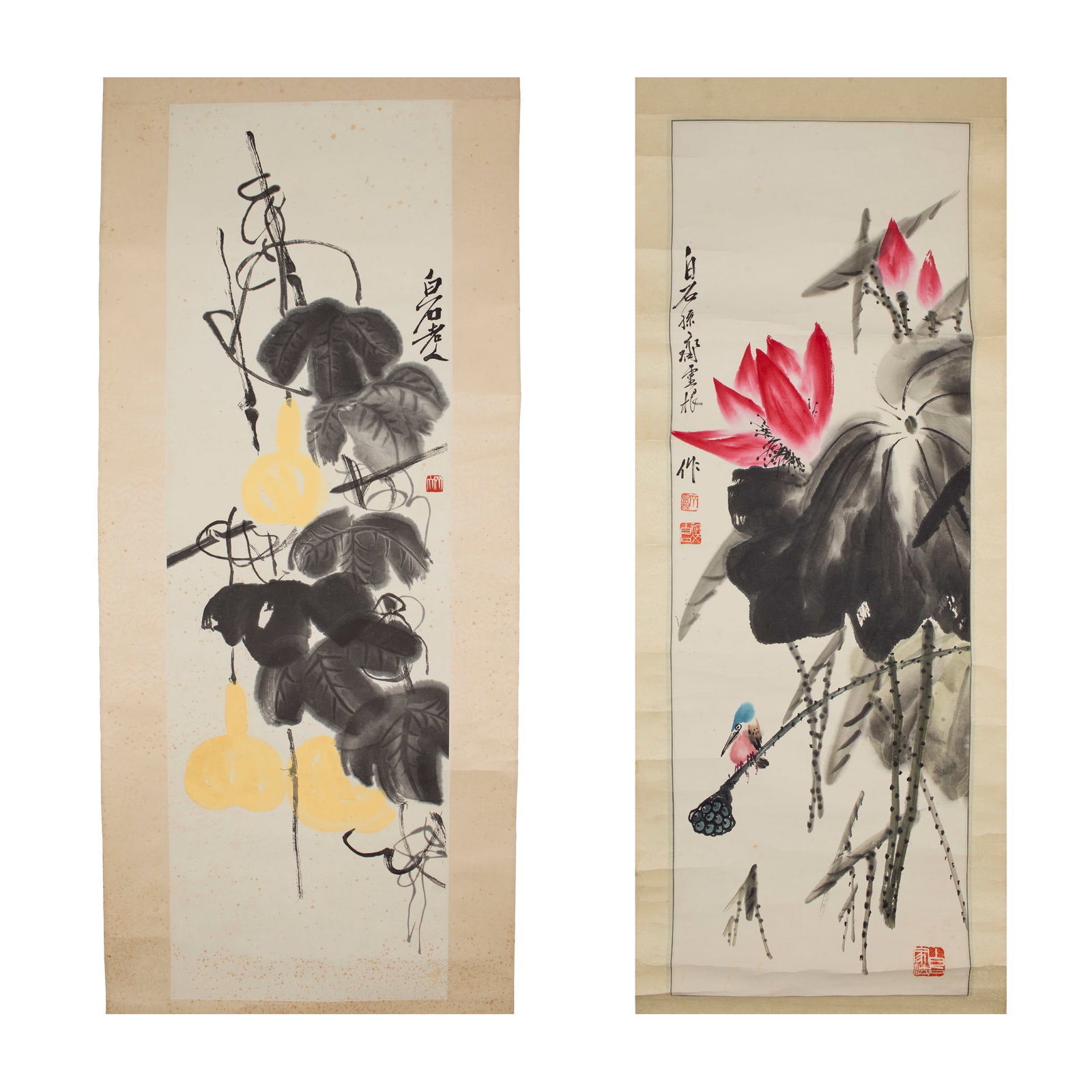 ONE CHINESE 'DOUBLE-GOURD' WOODBLOCK PRINT AND ONE 'LOTUS' PAINTING: ONE CHINESE 'DOUBLE-GOURD' WOODBLOCK PRINT AND ONE 'LOTUS' PAINTING BY QI BAISHI (CHINESE, 1864-1957); AND ATTRIBUTED TO QI LINGGGEN (CHINESE, 1945-2011) 齊白石 葫蘆Þ