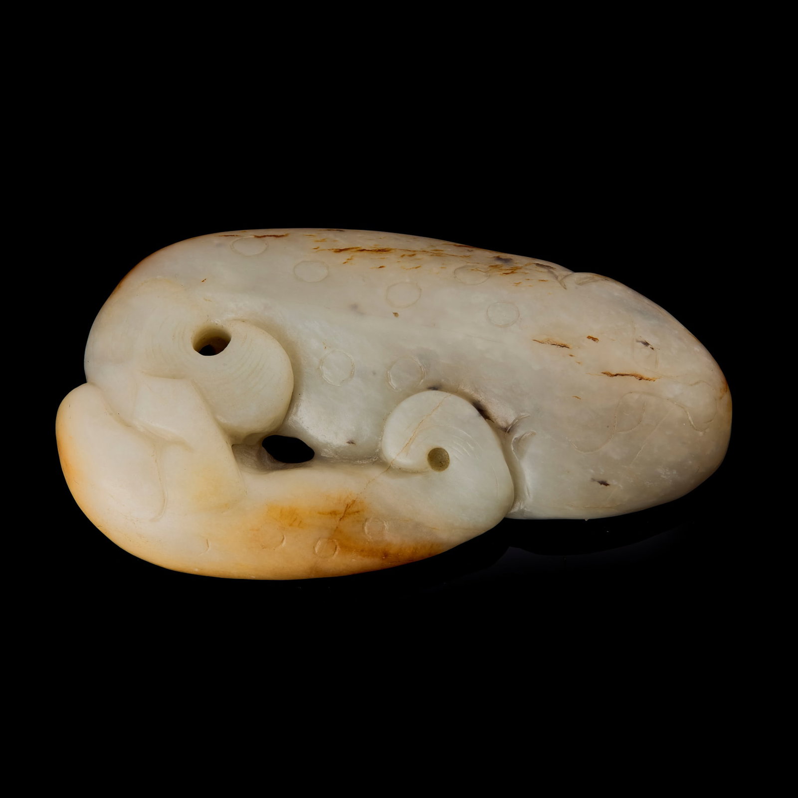 [PRIVATE ENGLISH COLLECTION, ENGLAND] CHINESE WHITE JADE WITH RUSSET INCLUSIONS CARVING OF DOUBLE: [PRIVATE ENGLISH COLLECTION, ENGLAND] CHINESE WHITE JADE WITH RUSSET INCLUSIONS CARVING OF DOUBLE CATFISH PENDANT 19TH-20TH CENTURY 十九至二十世紀 白