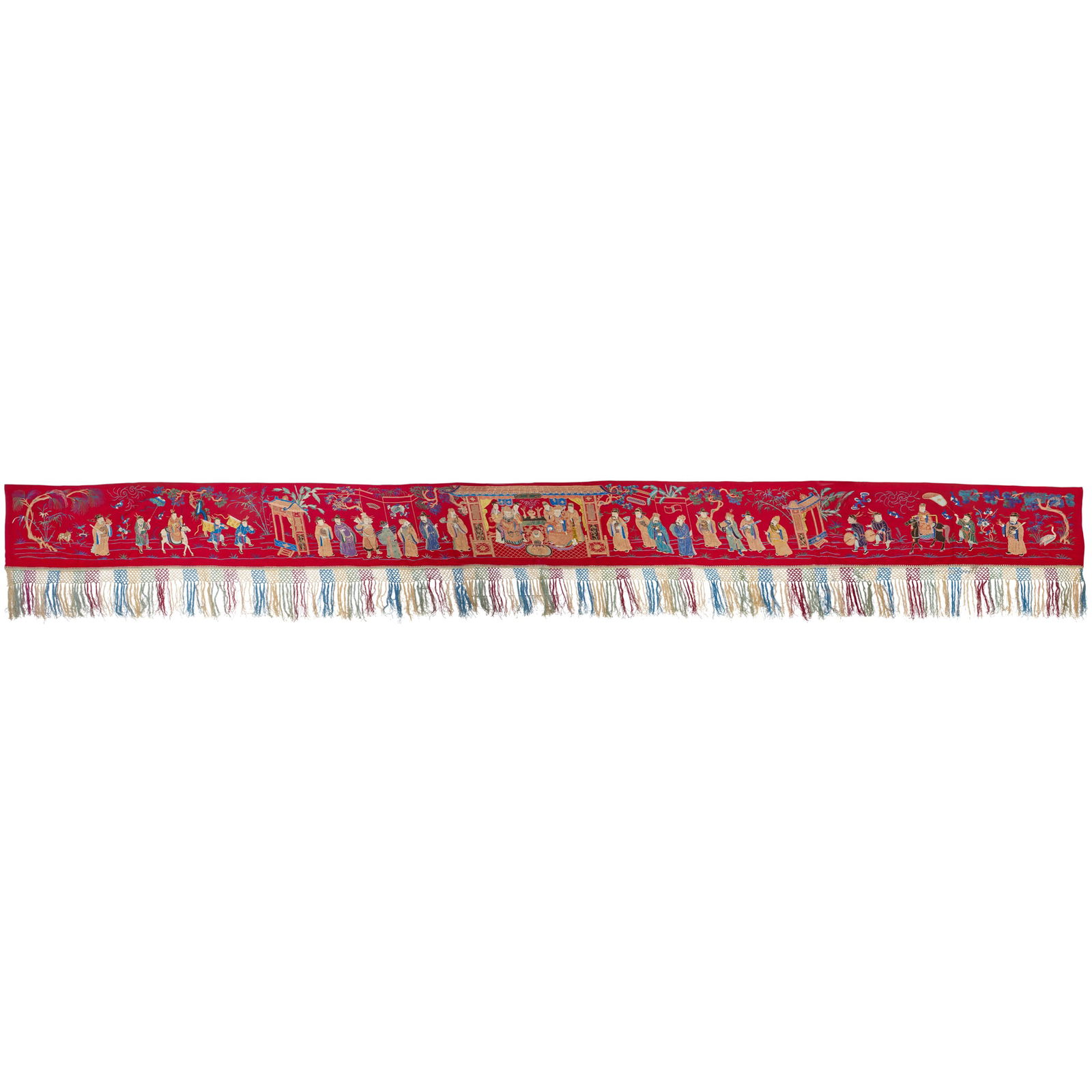 CHINESE RED GROUND SILK EMBROIDERED 'FIGURAL' HORIZONTAL BANNER (1 of 1)