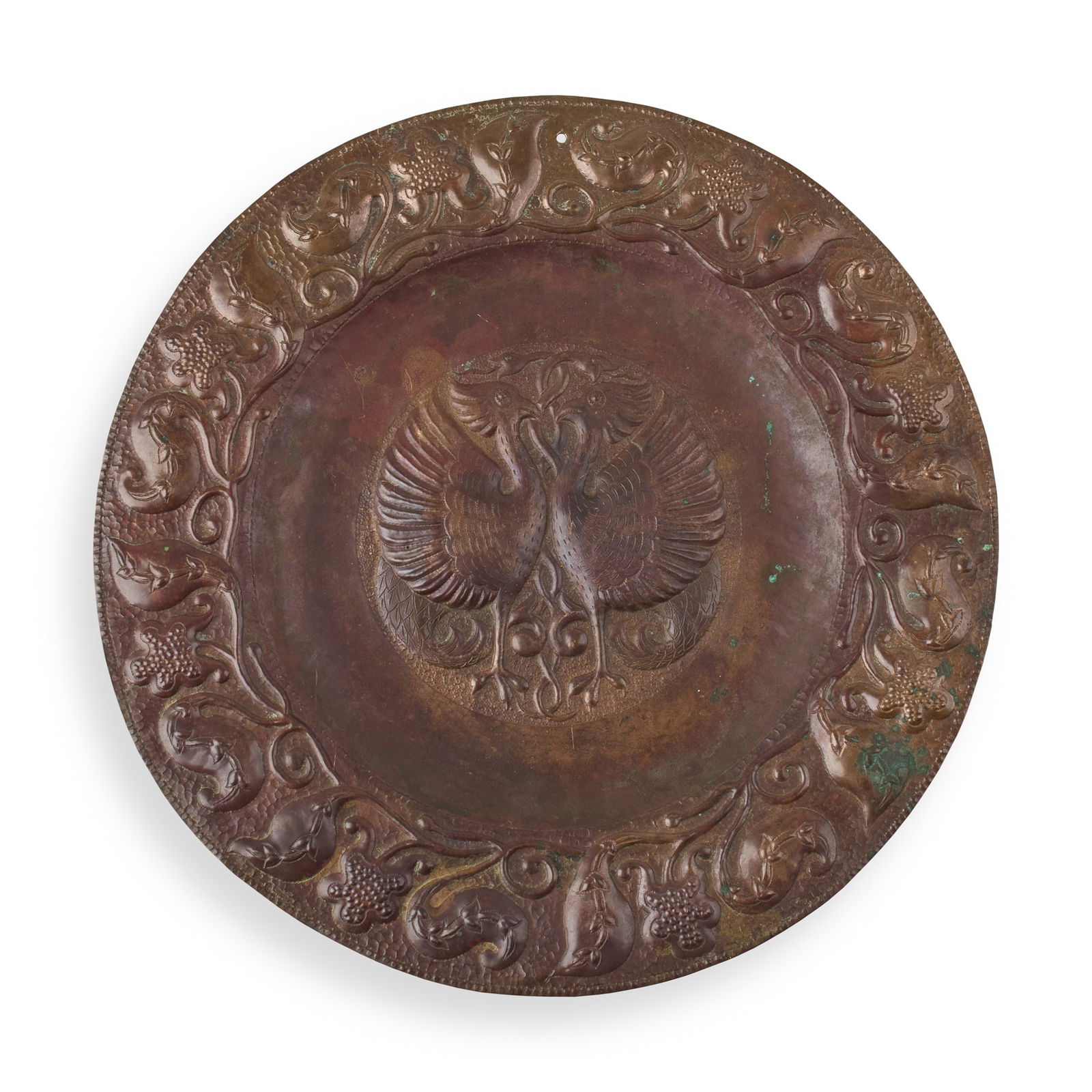 JOHN PEARSON (BRITISH 1885-1910): JOHN PEARSON (BRITISH 1885-1910) CHARGER, 1889 signed and dated (to reverse), hammered and repoussé decorated copper 38.5cm diameter (15 1⁄8in diameter)
