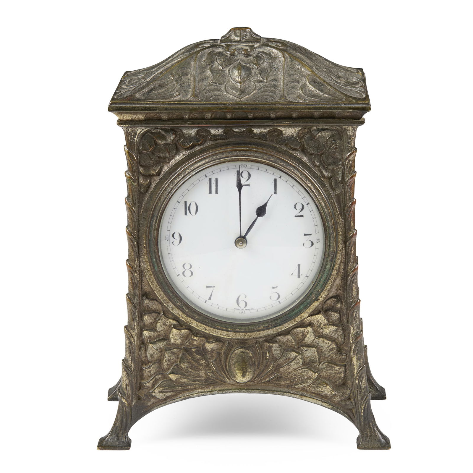 W. A. S. BENSON (BRITISH 1854 -1924): W. A. S. BENSON (BRITISH 1854 -1924) MANTEL CLOCK, CIRCA 1905 cast silvered bronze metal, with white enamel dial with Arabic numerals 21.5cm high, 15cm wide (8 ½in high, 5 7/8in wide) Woolley and