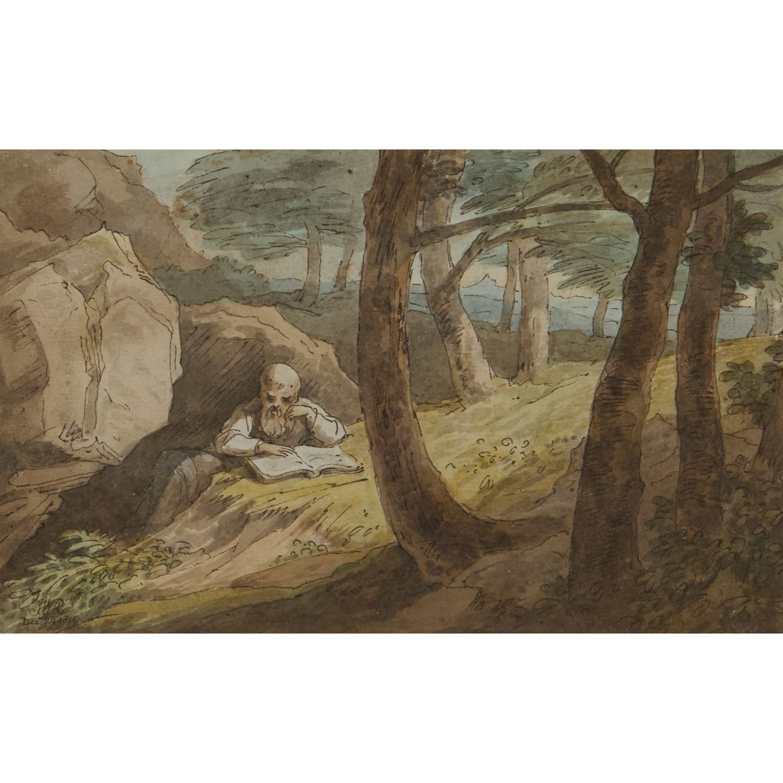 JOHN WHITE ABBOTT (BRITISH 1763-1851): JOHN WHITE ABBOTT (BRITISH 1763-1851) HERMIT READING signed with initials and dated ‘Dec 24. 1814’ lower left, watercolour and ink on paper 12cm x 19cm (4 ¾in x 7 ½in) The Fine A