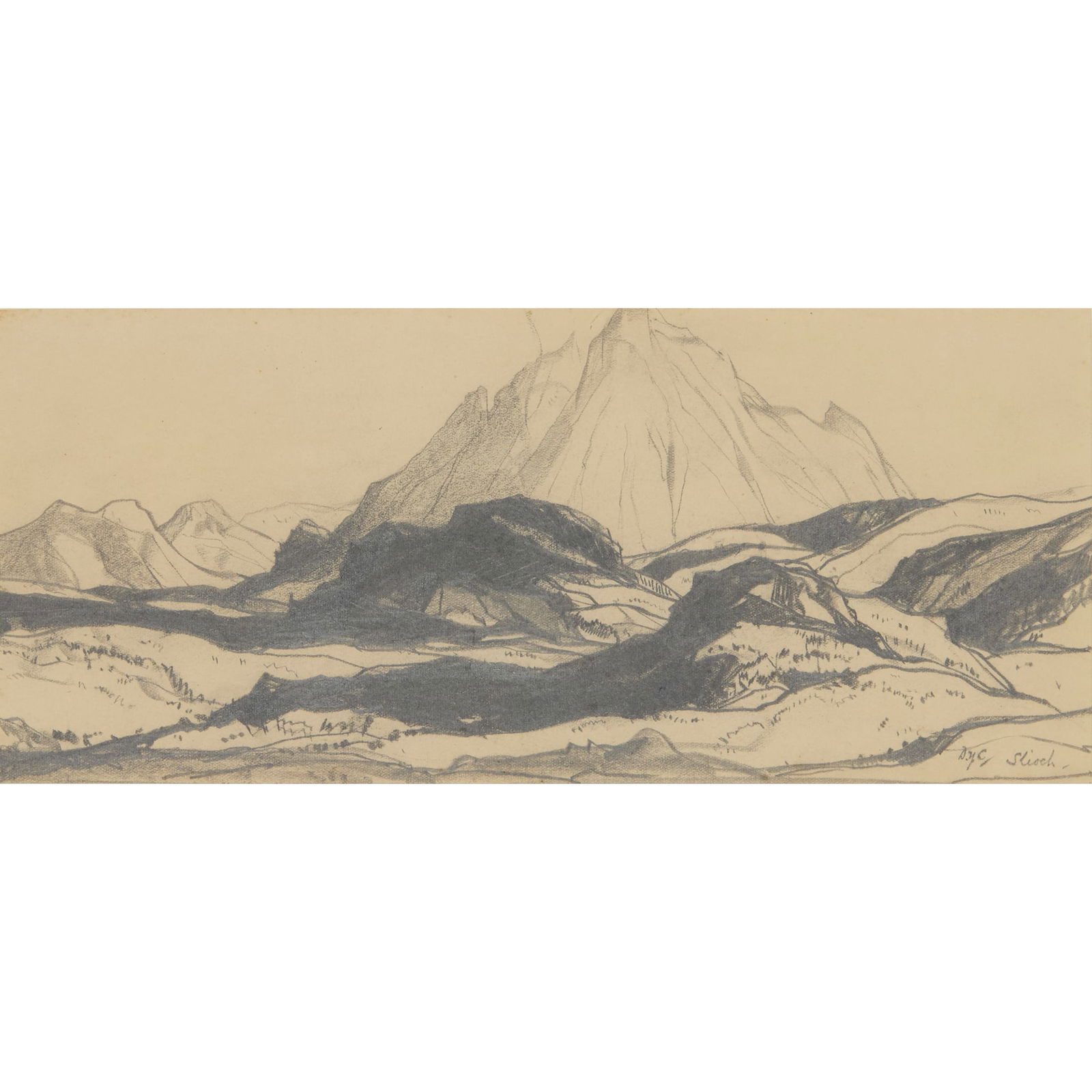 SIR DAVID YOUNG CAMERON R.A., R.S.A., R.W.S., R.S.W., R.E. (SCOTTISH 1865-1945): SIR DAVID YOUNG CAMERON R.A., R.S.A., R.W.S., R.S.W., R.E. (SCOTTISH 1865-1945) SLIOCH signed with initials and inscribed with title lower right, pencil and graphite on paper 12.5cm x 29cm (5in x 11 &