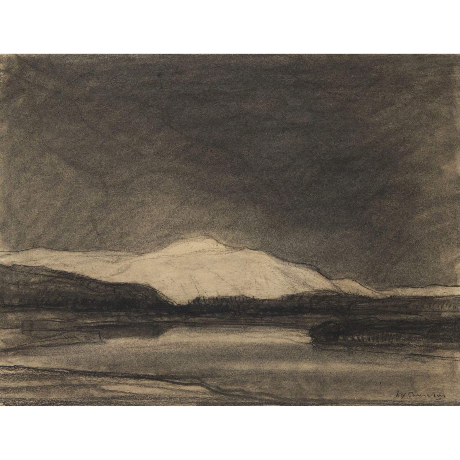 SIR DAVID YOUNG CAMERON R.A., R.S.A., R.W.S., R.S.W., R.E. (SCOTTISH 1865-1945): SIR DAVID YOUNG CAMERON R.A., R.S.A., R.W.S., R.S.W., R.E. (SCOTTISH 1865-1945) DUMYAT, PERTHSHIRE signed lower right, conté and charcoal on paper 23cm x 30cm (9in x 11 ¾in) Duncan R. Miller
