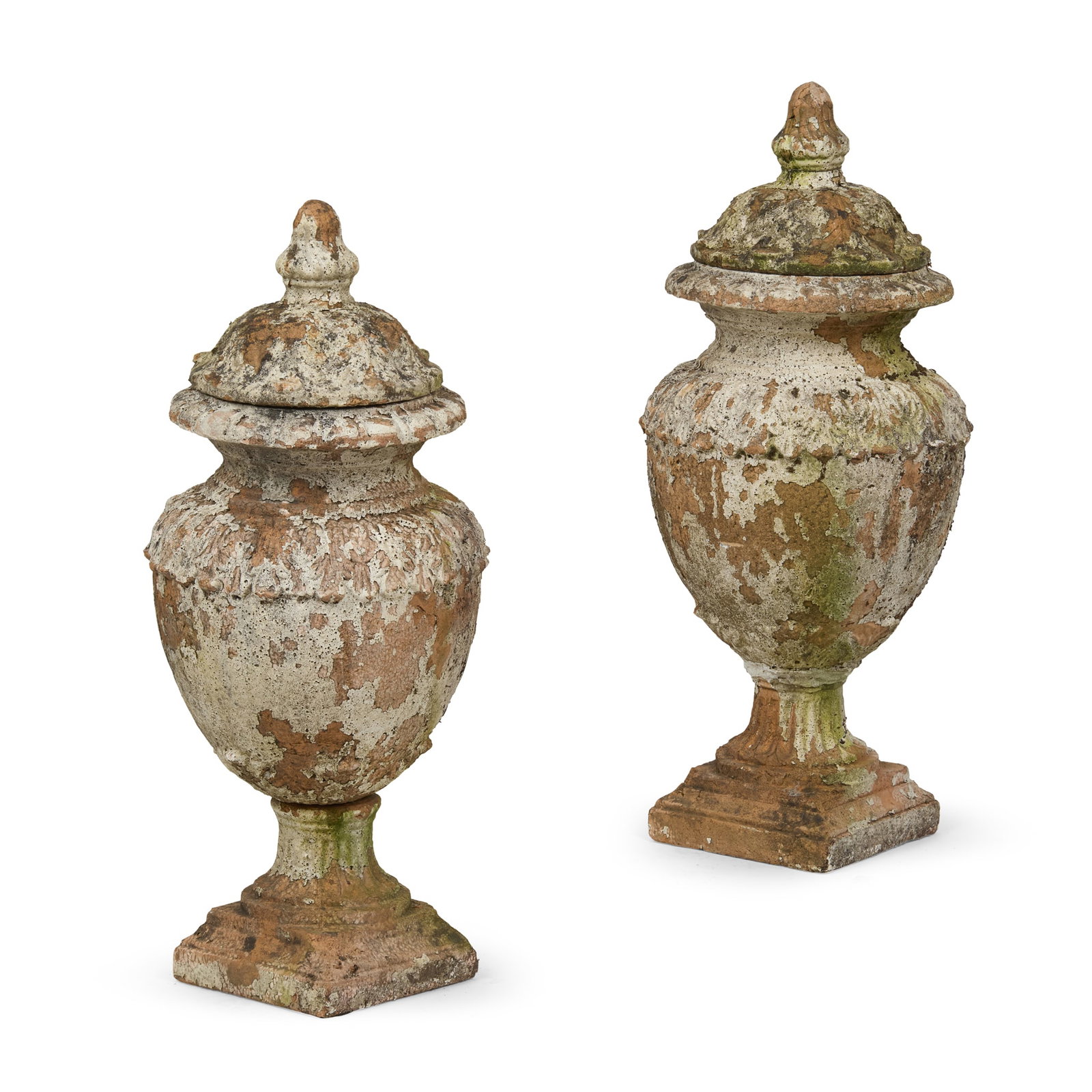ENGLISH: ENGLISH PAIR OF GARDEN URNS AND COVERS, 20TH CENTURY moulded terracotta (2) 83cm high, 37cm wide (34in high, 14 ½in wide)