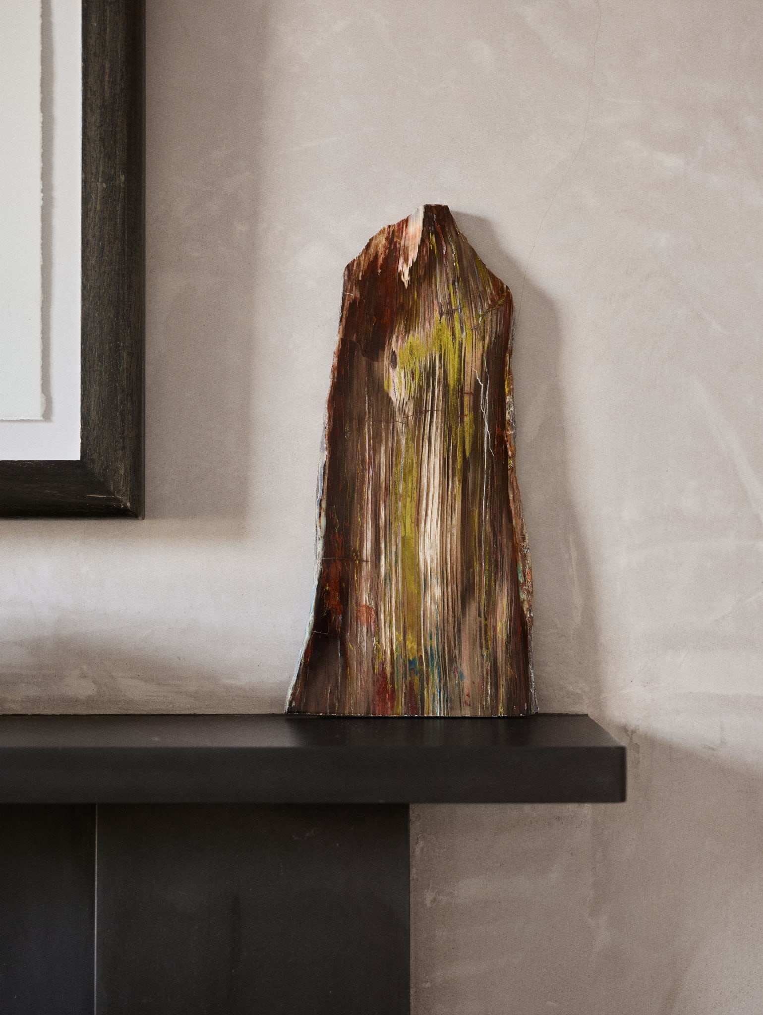 FOSSILIZED COLLA WOOD SECTION: FOSSILIZED COLLA WOOD SECTION ZILE, TURKEY, MIOCENE, 25 - 5 MILLION YEARS B.P. cut and polished inner cut of fossilized colla, the fine specimen revealing a wide array of colours and picturesque patte