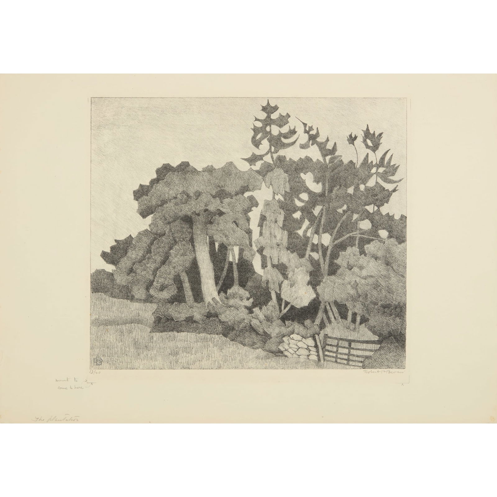 ROBERT POLHILL BEVAN (BRITISH 1865-1925): ROBERT POLHILL BEVAN (BRITISH 1865-1925) THE PLANTATION - 1922 Lithograph, 13/40, signed and numbered in pencil to margin, with the stamped monogram, inscribed with title in pencil at lower edge the s