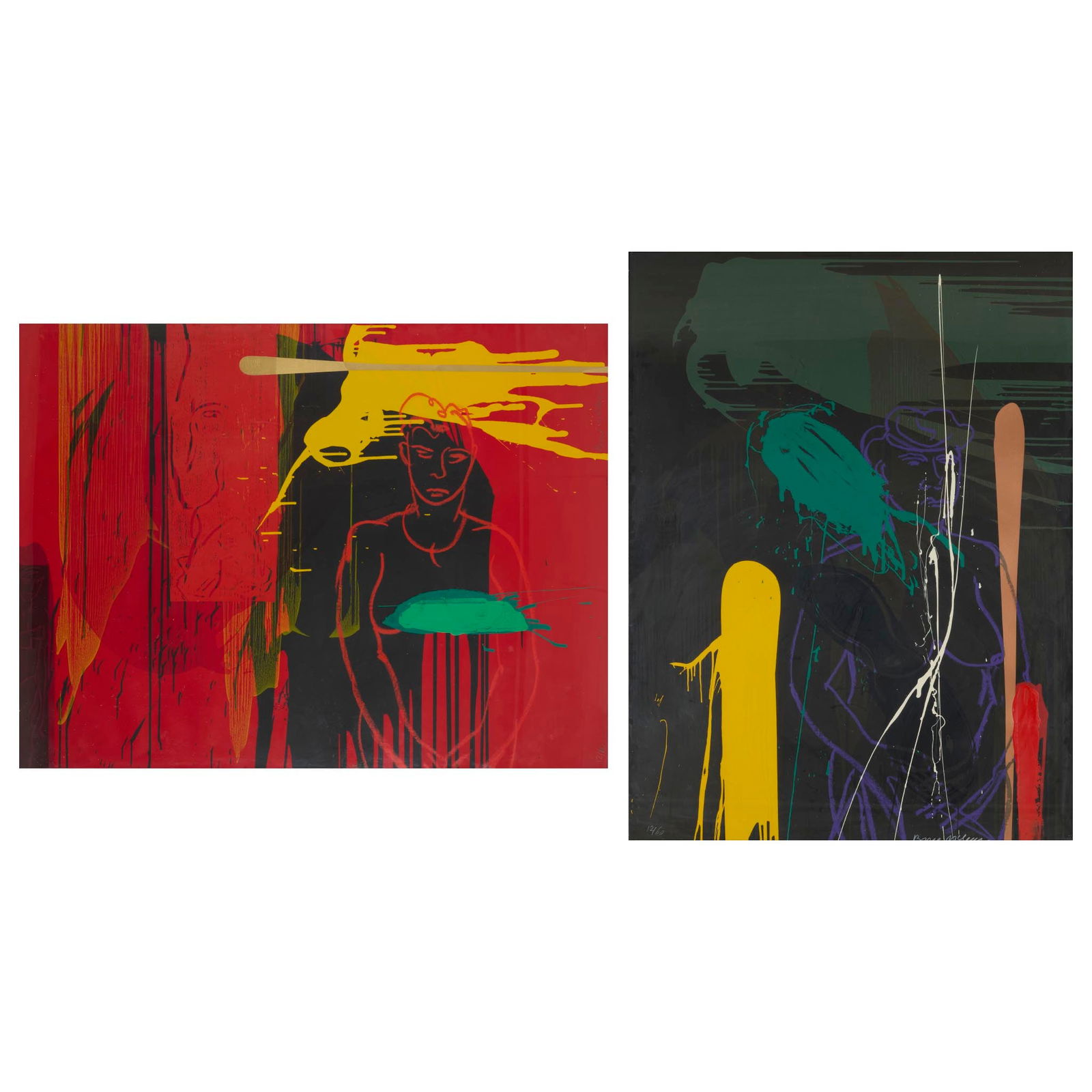§ BRUCE MCLEAN (SCOTTISH 1944-): BRUCE MCLEAN (SCOTTISH 1944-) HORIZONTAL DUSK & VERTICAL DAWN - 1991 The pair of hand-finished screenprints, 12/60, each signed and numbered in pencil (2) 116cm x 154cm (45.75in x 60.5in) and 154cm x
