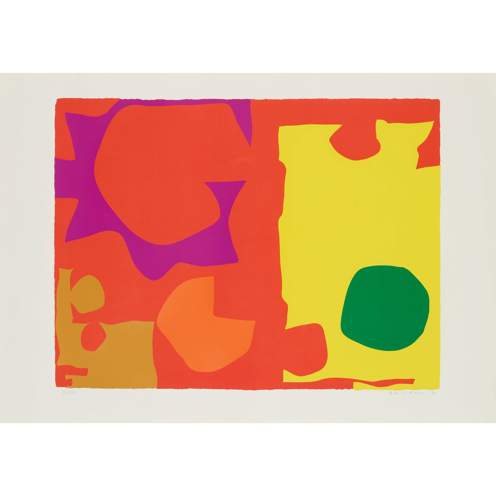 § PATRICK HERON C.B.E. (BRITISH 1920-1999): PATRICK HERON C.B.E. (BRITISH 1920-1999) SIX IN VERMILION WITH GREEN IN YELLOW, APRIL - 1970 Lithograph, 79/100, signed, dated and numbered in pencil to margin the sheet 71cm x 101cm (28in x 39.75in)