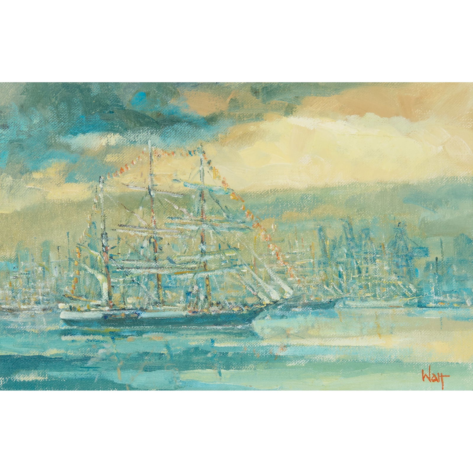 § JAMES WATT R.G.I. (SCOTTISH 1931-2022): JAMES WATT R.G.I. (SCOTTISH 1931-2022) GEORG STAEG, GREENOCK Signed lower right, signed and inscribed with title to stretcher verso, oil on canvas 29cm x 44cm (11.5in x 17.25in)