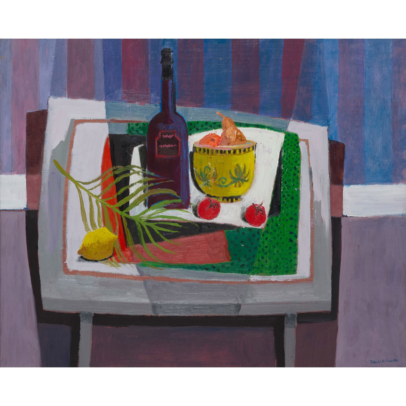 § DAVID MCLEOD MARTIN R.S.W., R.G.I., S.S.A (SCOTTISH 1922-2018): DAVID MCLEOD MARTIN R.S.W., R.G.I., S.S.A (SCOTTISH 1922-2018) YELLOW BOWL WITH FRUIT Signed lower right, oil on board 60cm x 74cm (23.5in x 29in)