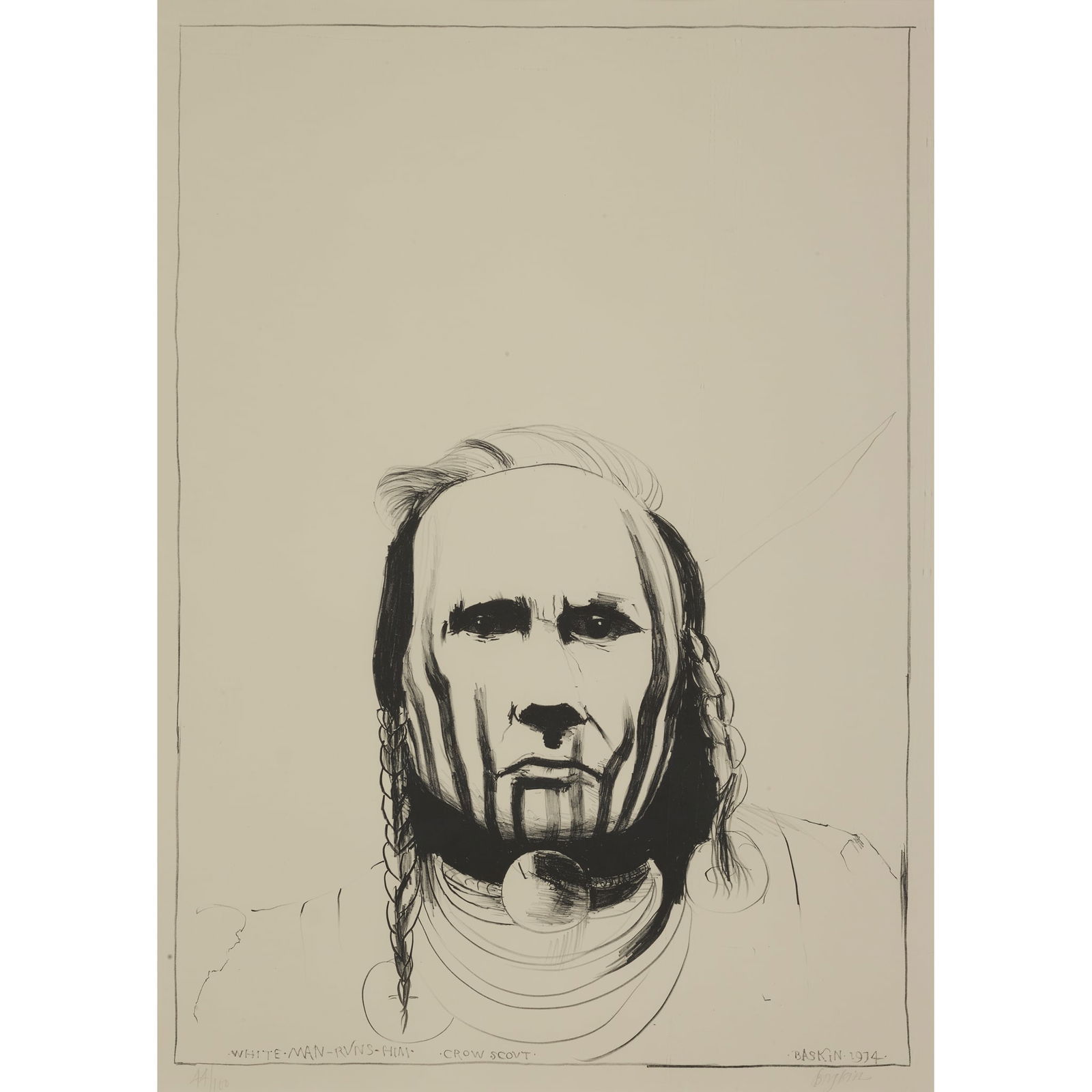 LEONARD BASKIN (AMERICAN 1922-2000): LEONARD BASKIN (AMERICAN 1922-2000) WHITE MAN RUNS HIM, CROW SCOUT - 1974 Lithograph, 44/100, signed and numbered in pencil to margin, titled and dated in stone 91cm x 65cm (35.75in x 25.5in)