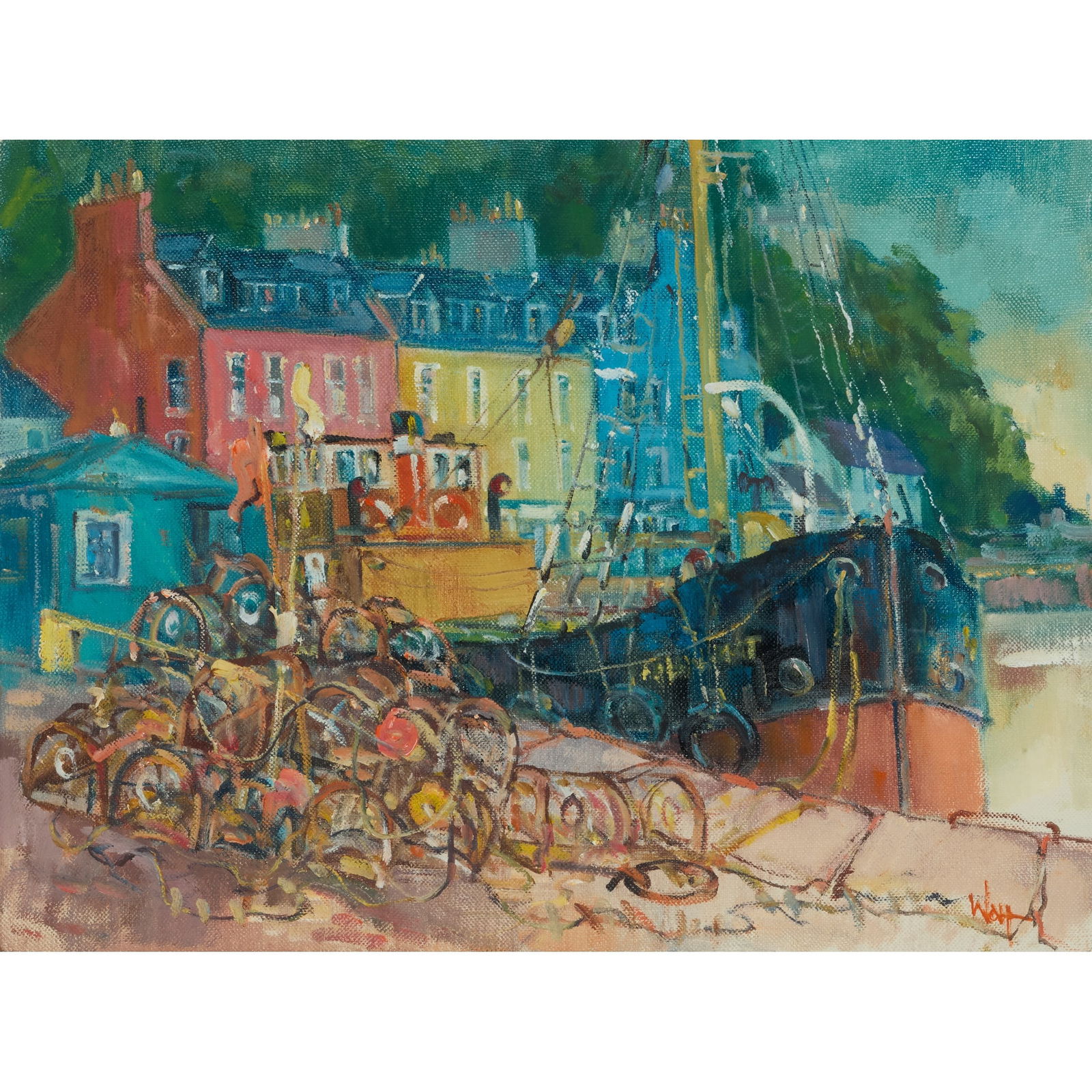 § JAMES WATT R.G.I. (SCOTTISH 1931-2022): JAMES WATT R.G.I. (SCOTTISH 1931-2022) THE PIER, TOBERMORY Signed lower right, signed and inscribed with title to stretcher verso, oil on canvas 44cm x 59cm (17.25in x 23.25in)