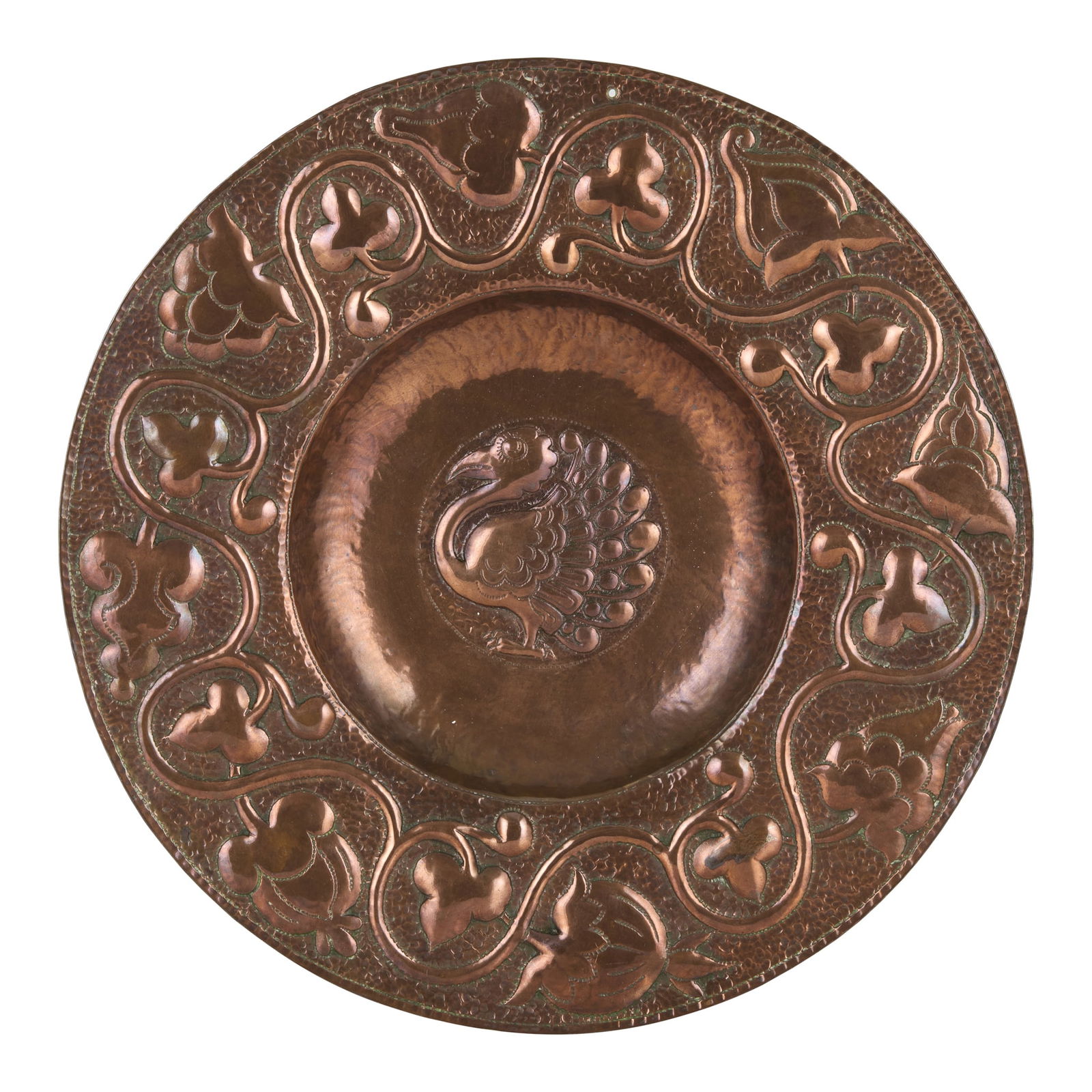 JOHN PEARSON (1859-1930): JOHN PEARSON (1859-1930) ARTS & CRAFTS CHARGER, CIRCA 1900 repoussé-decorated copper 38.5cm diameter 