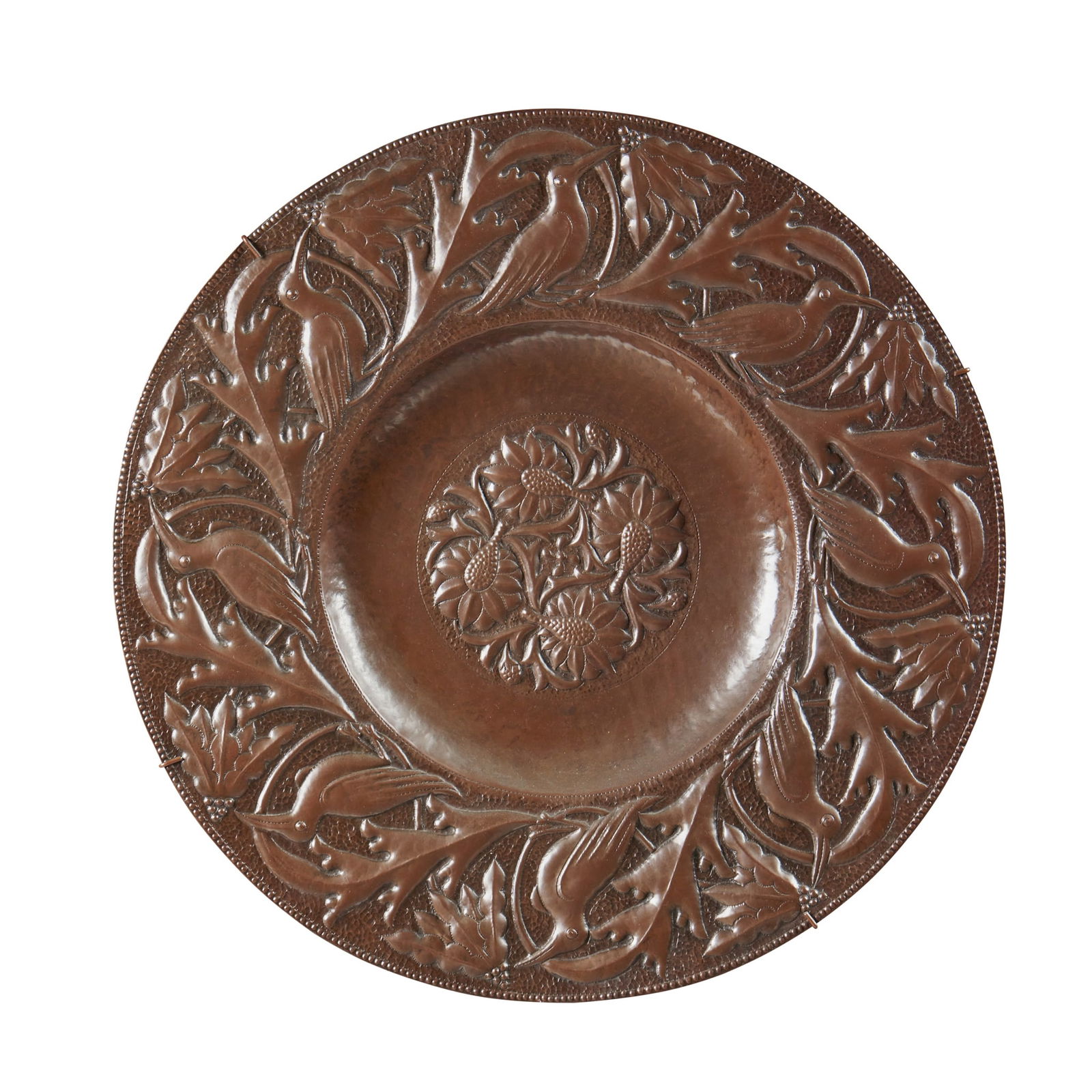 JOHN PEARSON (1859-1930): JOHN PEARSON (1859-1930) ARTS & CRAFTS CHARGER, 1889 repoussé-decorated copper, signed and dated verso J PEARSON/ 1889/ 283, 51.5cm diameter; together with a CHARGER, IN THE MANNER OF C.R. ASHBEE