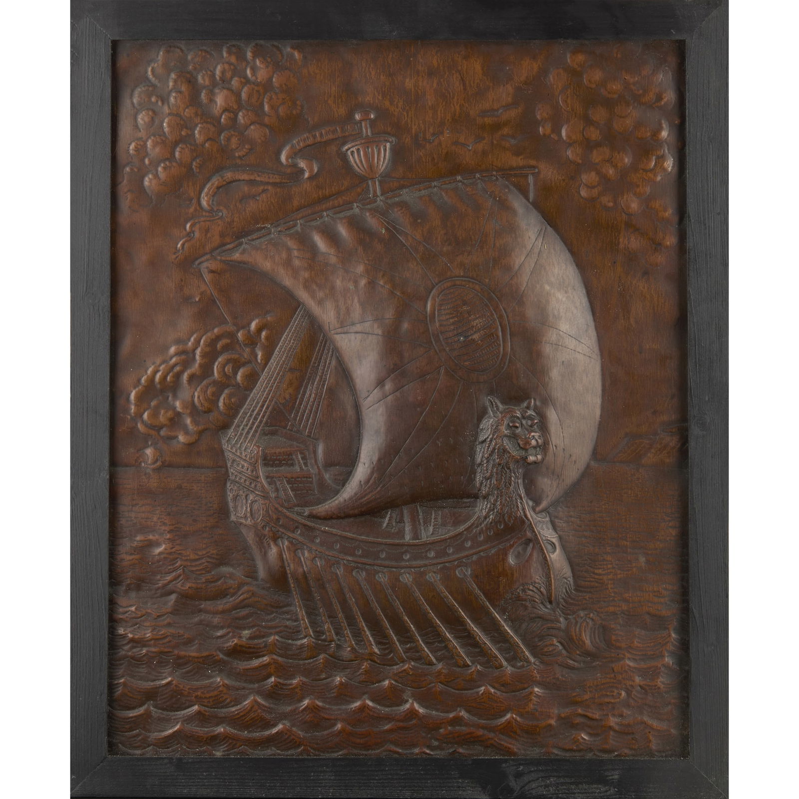 ENGLISH, MANNER OF JOHN PEARSON: ENGLISH, MANNER OF JOHN PEARSON ARTS & CRAFTS GALLEON PANEL, CIRCA 1910 copper, later framed 57cm x 46cm (frame size 64cm x 53cm)