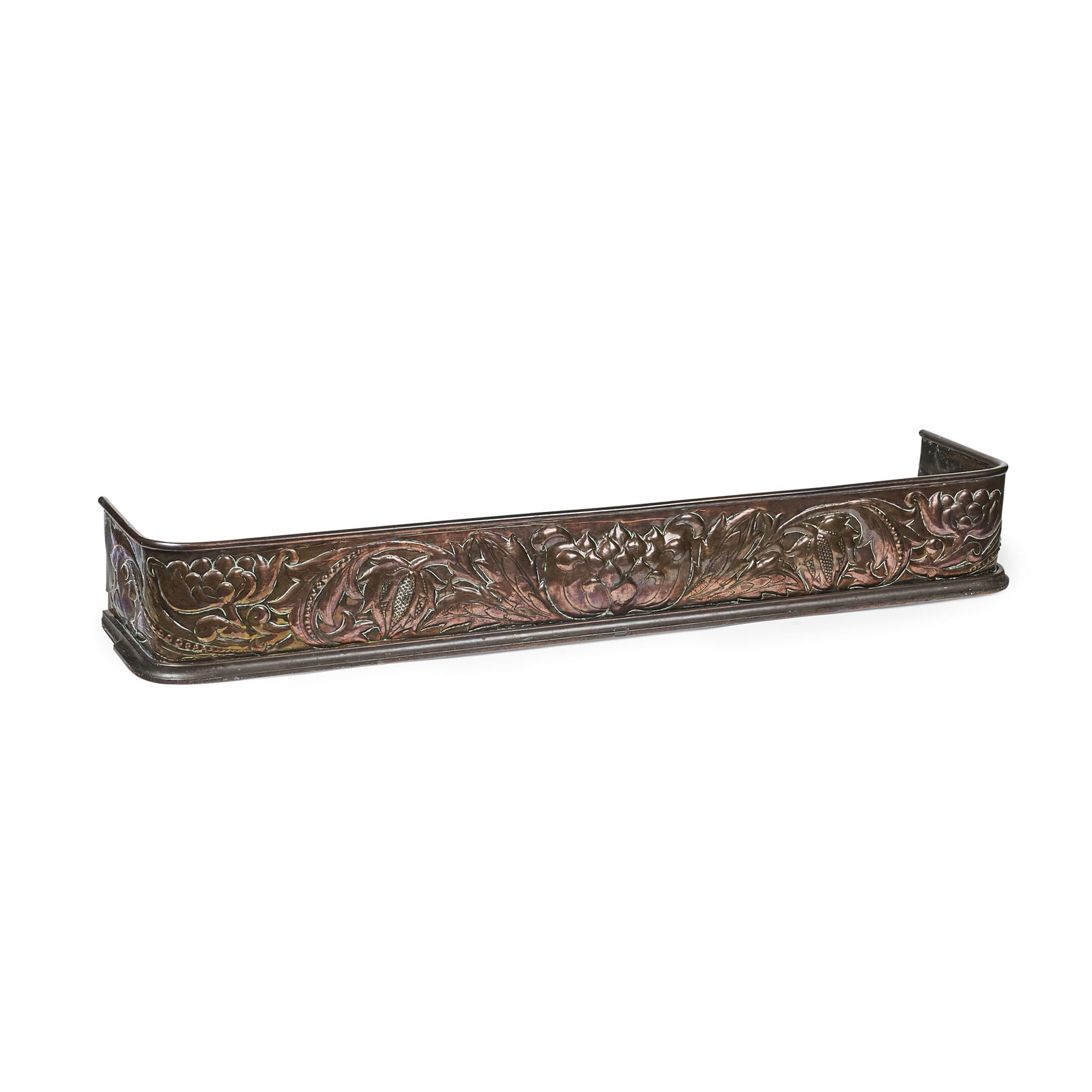 ENGLISH, MANNER OF JOHN PEARSON: ENGLISH, MANNER OF JOHN PEARSON ARTS & CRAFTS FENDER, CIRCA 1890 repoussé-decorated copper 131cm wide, 19cm high, 28cm deep