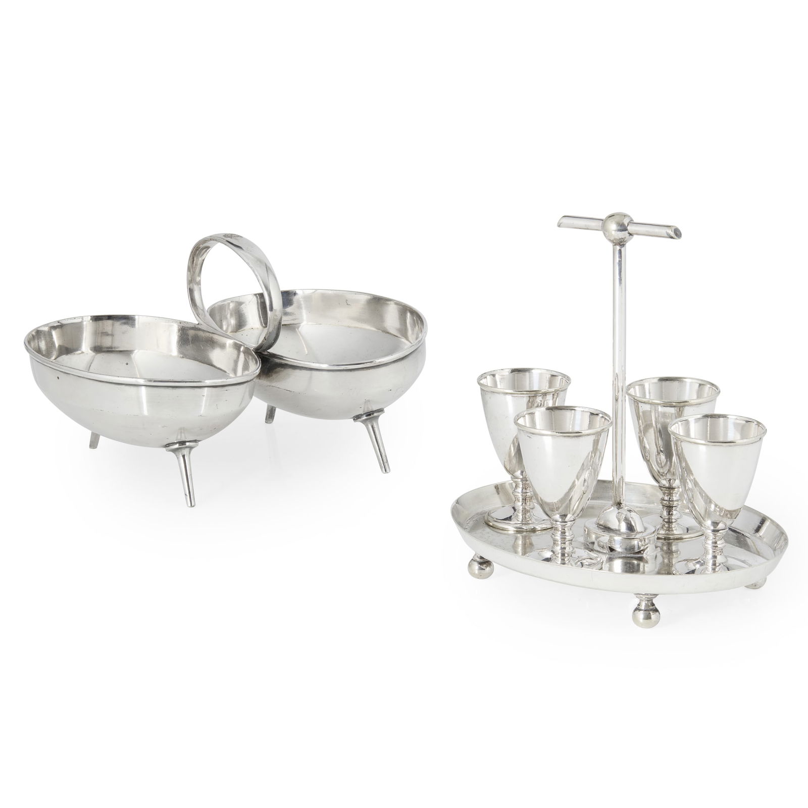 CHRISTOPHER DRESSER (1834-1904) FOR HUKIN & HEATH, LONDON: CHRISTOPHER DRESSER (1834-1904) FOR HUKIN & HEATH, LONDON SERVING DISH, CIRCA 1880 electroplated metal, stamped maker's mark, 2527, 21cm wide, 13cm high, 15.5cm deep; together with an EGG CUP SET, cir