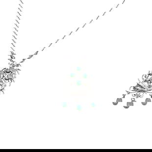 OMAR RAMSDEN (1873-1939): OMAR RAMSDEN (1873-1939) ARTS & CRAFTS PENDANT NECKLACE, CIRCA 1910 white metal set with chrysoprase cabochons, within original box with inscription OMAR RAMSDEN/ ARTIST GOLDSMITH/ LONDON ENGLAND 5.5c