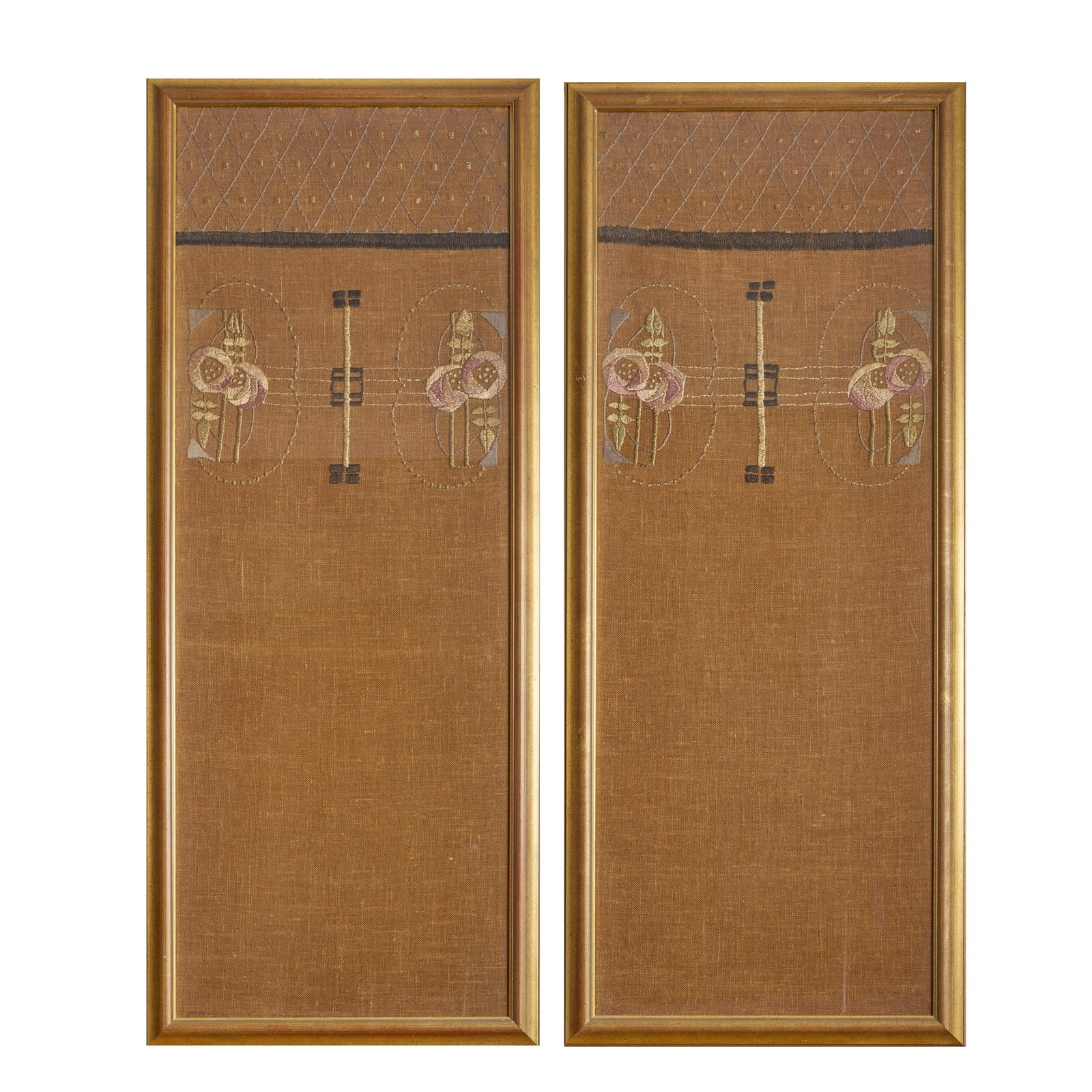 SCOTTISH: SCOTTISH PAIR OF GLASGOW SCHOOL EMBROIDERED PANELS, CIRCA 1900 coloured silks on a hessian ground, framed (2) 120cm x 43.5cm (frame size 129cm x 52cm)