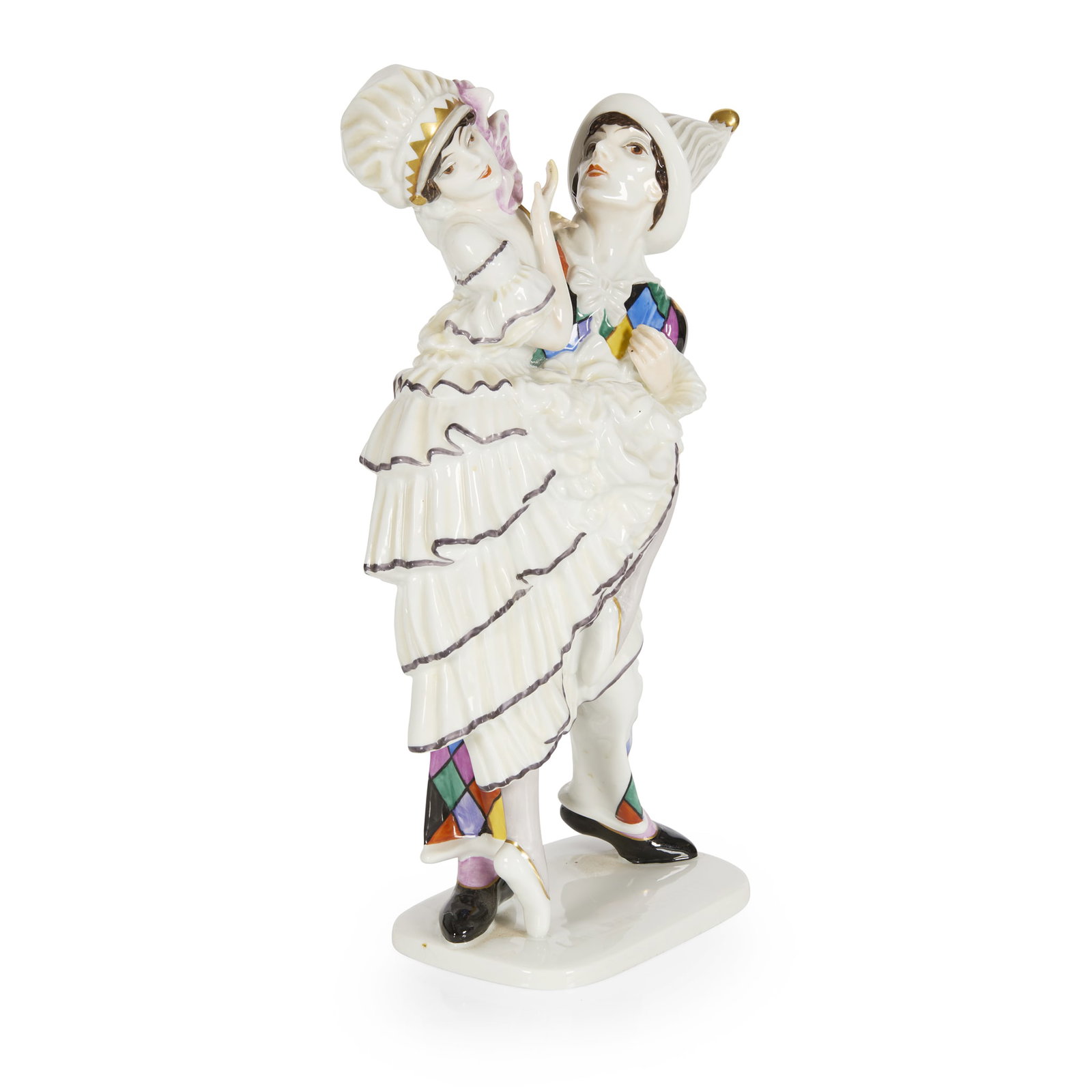 CONSTANTIN HOLZER-DEFANTI (1888-1951) FOR ROSENTHAL: CONSTANTIN HOLZER-DEFANTI (1888-1951) FOR ROSENTHAL PIERROT AND PIERRETTE, CIRCA 1922 painted, glazed and gilded earthenware, printed maker's mark 28.5cm high