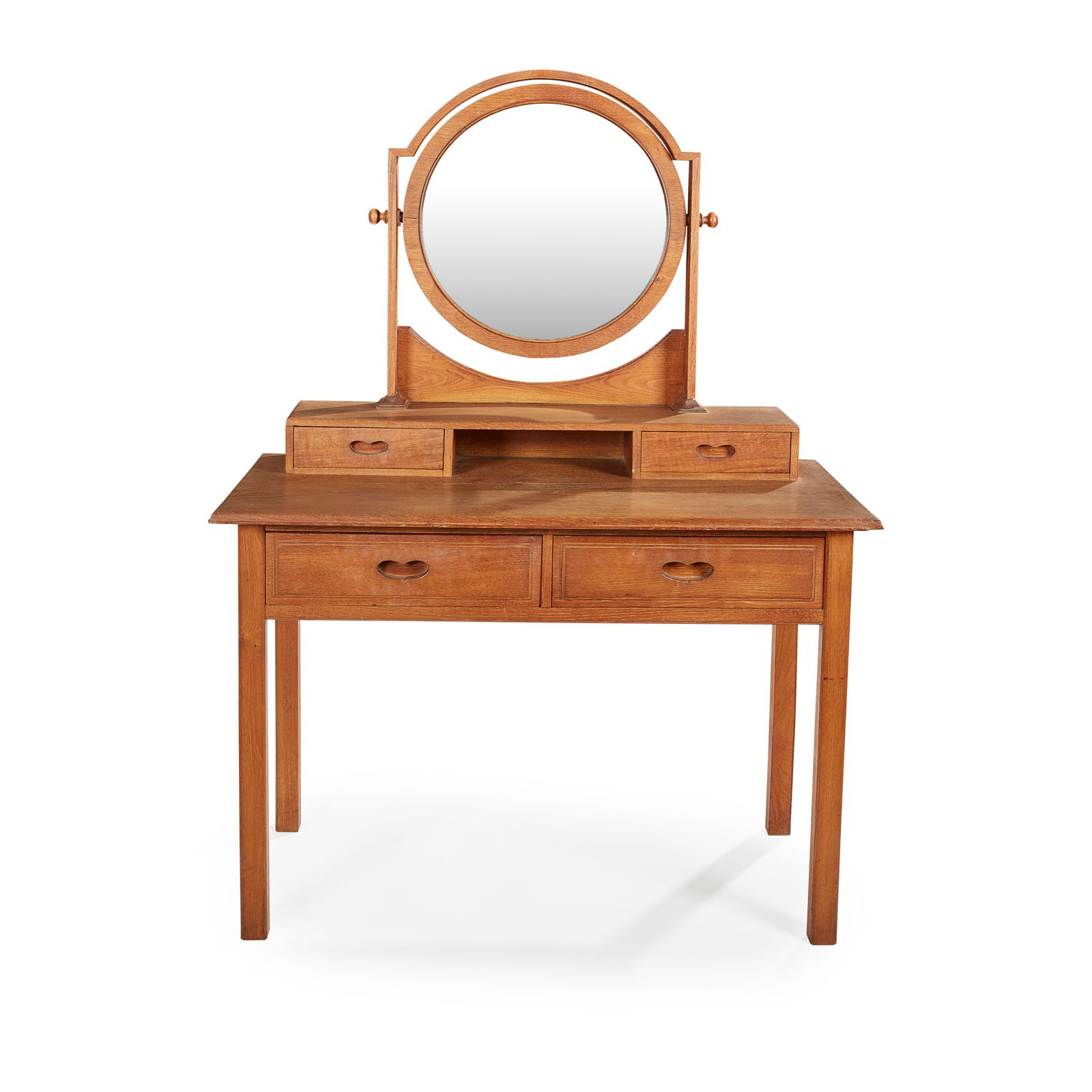 AMBROSE HEAL (1872-1959) FOR HEAL & SON: AMBROSE HEAL (1872-1959) FOR HEAL & SON DRESSING TABLE & STOOL, CIRCA 1910 unpolished chestnut, the stool with later-upholstered seat pad, model 392 (2) dressing table 110cm wide, 152.5cm high,