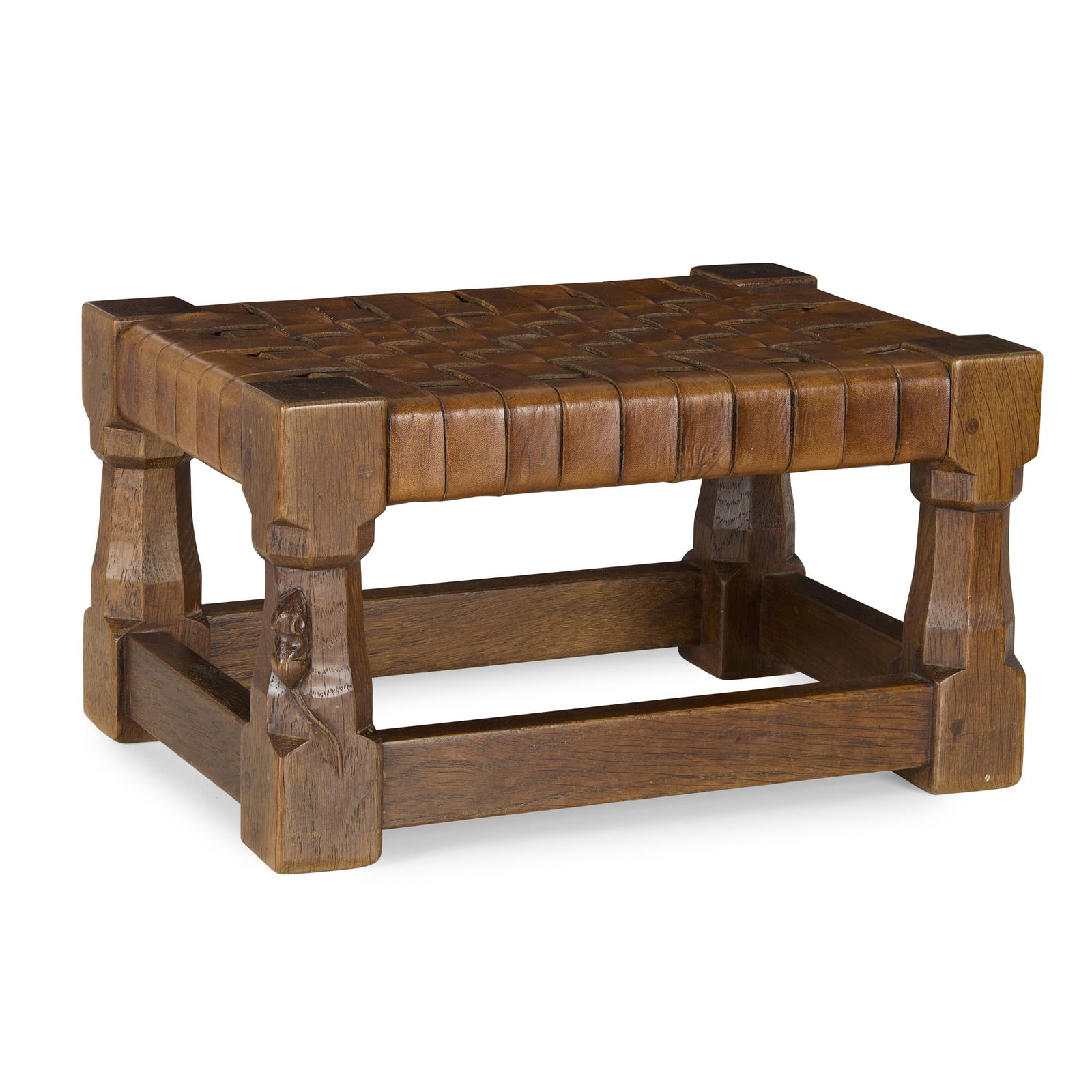 ROBERT 'MOUSEMAN' THOMPSON (1876-1955): ROBERT 'MOUSEMAN' THOMPSON (1876-1955) FOOTSTOOL, 1960'S oak, with woven leather seat, carved mouse signature 34.5cm wide, 19cm high, 24cm deep