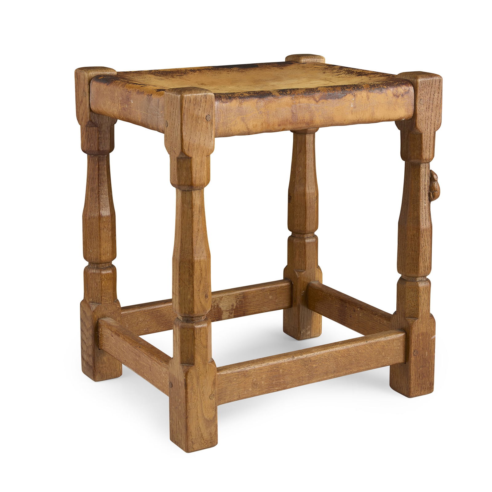 ROBERT 'MOUSEMAN' THOMPSON (1876-1955): ROBERT 'MOUSEMAN' THOMPSON (1876-1955) STOOL, 1950's oak, with leather seat, carved mouse signature 39.5cm wide, 46cm high, 31.5cm deep