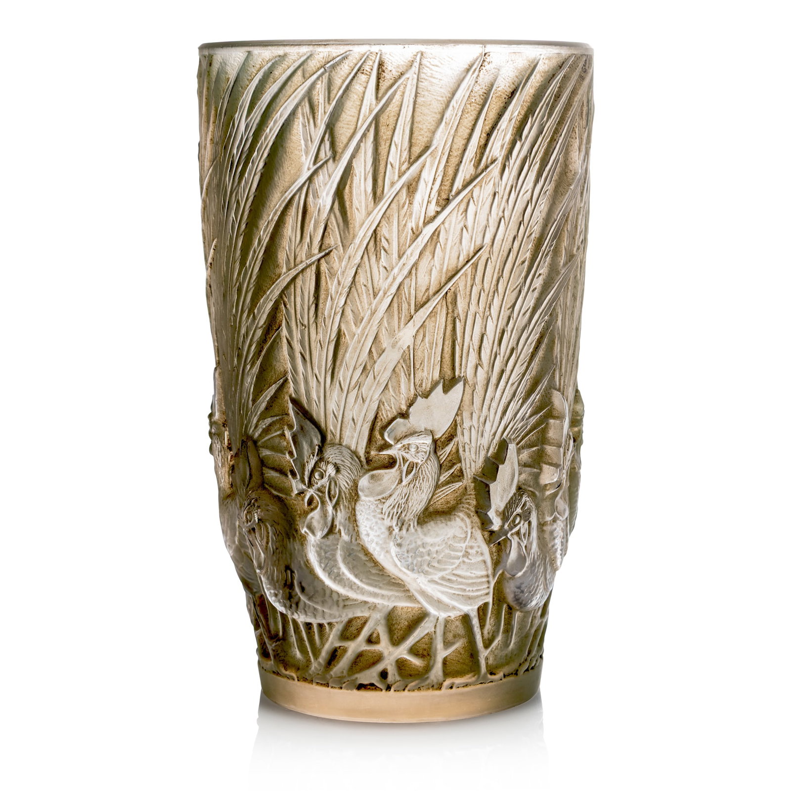 ‡ RENÉ LALIQUE (1860-1945): RENÉ LALIQUE (1860-1945) COQS ET PLUMES VASE, NO. 1033 designed 1928clear, frosted and green stainedstencilled R. LALIQUE FRANCE 15.5cm (6 1/8in) high