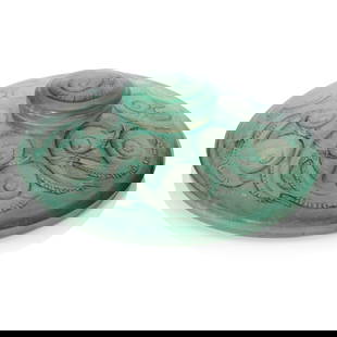 RENÉ LALIQUE (1860-1945): RENÉ LALIQUE (1860-1945) ESCARGOTS INKWELL, NO. 433 designed 1920clear, frosted and blue-green stainedengraved Lalique (2) 16cm (6 3/8in) diameter