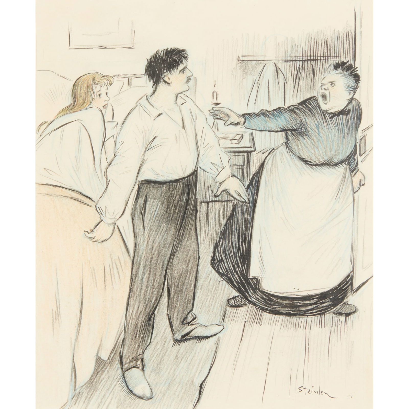 THÉOPHILE ALEXANDRE STEINLEN (SWISS/FRENCH 1859-1923): THÉOPHILE ALEXANDRE STEINLEN (SWISS/FRENCH 1859-1923) LA MINEURE signed in ink (lower right), pen, ink and crayon 28cm x 24cm (11in x 9 ½in) The Collection of Gillian Raffles. Exhibited:Mercur