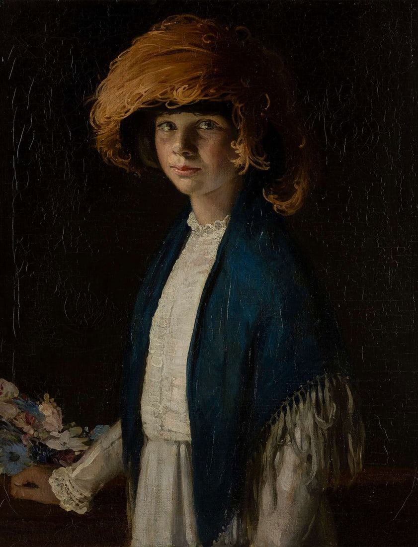 SIR WILLIAM NICHOLSON (BRITISH 1872-1949): SIR WILLIAM NICHOLSON (BRITISH 1872-1949) NANCY IN A FEATHER HAT (THE ARTIST'S DAUGHTER), 1910 signed and dated (lower left), oil on canvas 75cm x 62.2cm (29 ½in x 24 ½in) with the Goupi
