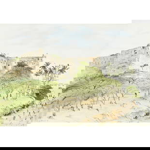 § DAVID GENTLEMAN R. D. I. (BRITISH 1930-): DAVID GENTLEMAN R. D. I. (BRITISH 1930-) MOMBASA: OUTER WALLS OF PORT JESUS, 1976 signed and dated in ink (lower left), pen, ink and watercolour on paper 38cm x 55.5cm (15in x 21 7/8in) The Collection