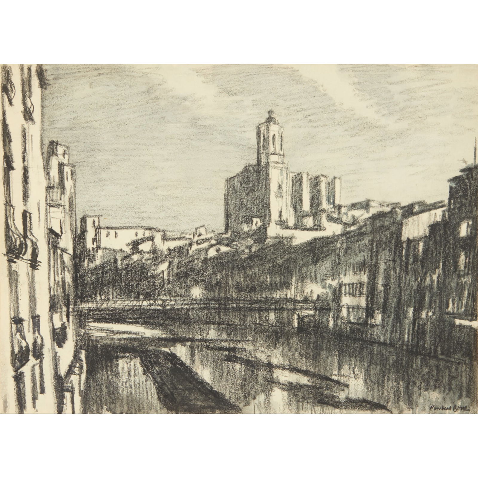 § SIR MUIRHEAD BONE H.R.S.A., H.R.W.S., H.A.R.I.B.A., H.R.E., L.L.B., D.LITT (BRITISH 1876-1953): SIR MUIRHEAD BONE H.R.S.A., H.R.W.S., H.A.R.I.B.A., H.R.E., L.L.B., D.LITT (BRITISH 1876-1953) GERONA CATHEDRAL, MOONLIGHT signed (lower right), chalk and wash on paper 27cm x 36cm (10 5/8in x 14 1/8i