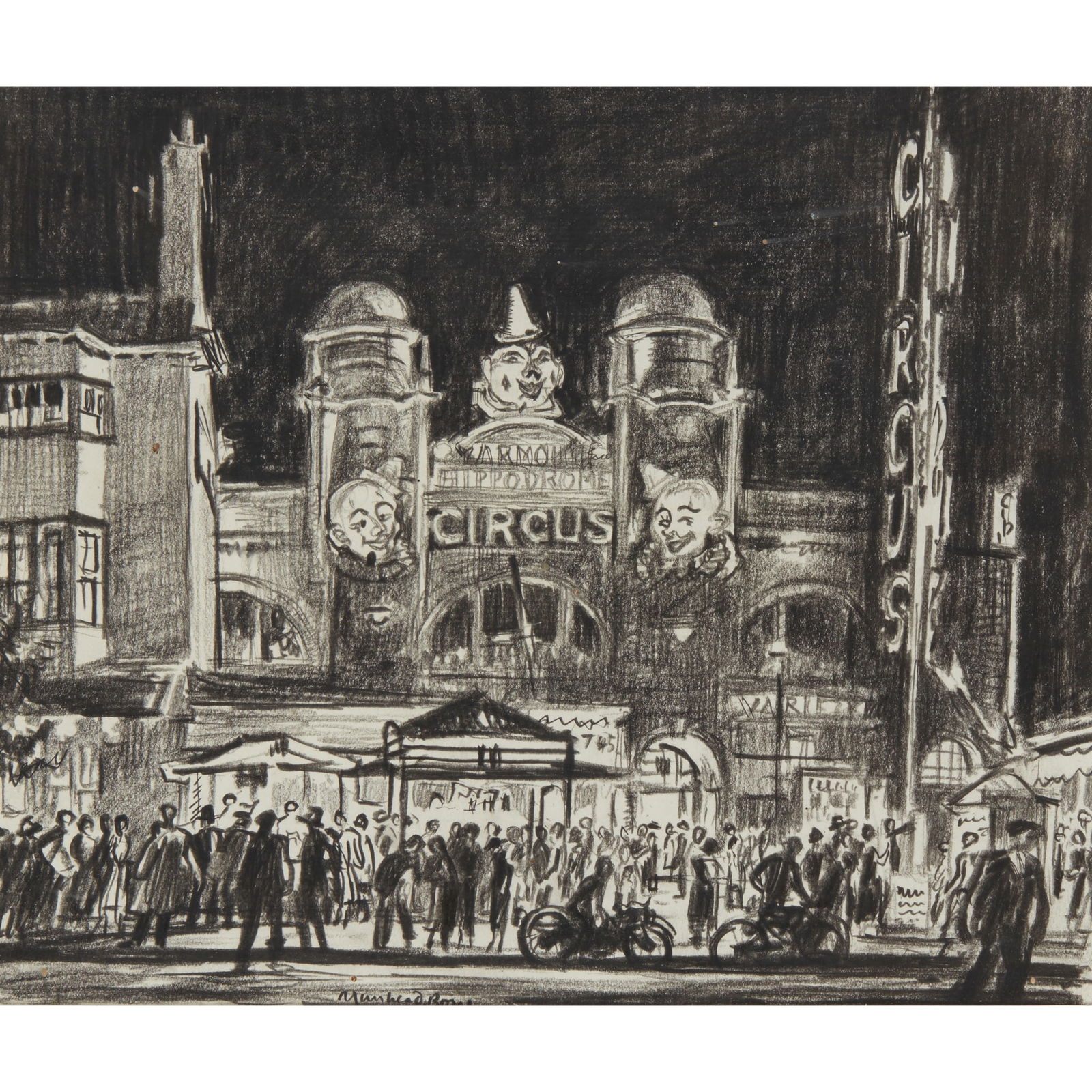 § SIR MUIRHEAD BONE H.R.S.A., H.R.W.S., H.A.R.I.B.A., H.R.E., L.L.B., D.LITT (BRITISH 1876-1953): SIR MUIRHEAD BONE H.R.S.A., H.R.W.S., H.A.R.I.B.A., H.R.E., L.L.B., D.LITT (BRITISH 1876-1953) THE CIRCUS, GREAT YARMOUTH, c.1913 signed (lower centre), pen, ink and crayon on paper 21.3cm x 25.5cm (8