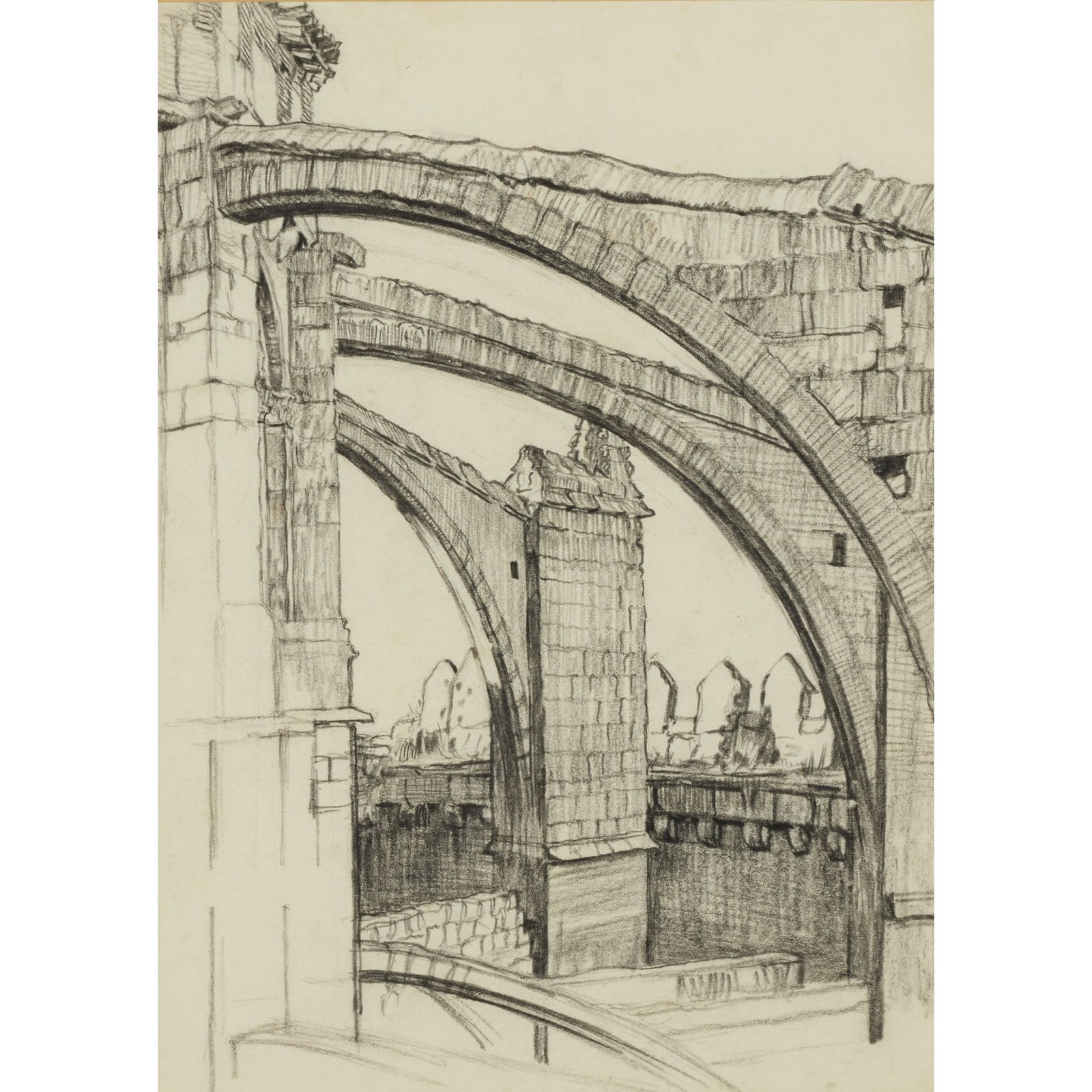 § SIR MUIRHEAD BONE H.R.S.A., H.R.W.S., H.A.R.I.B.A., H.R.E., L.L.B., D.LITT (BRITISH 1876-1953): SIR MUIRHEAD BONE H.R.S.A., H.R.W.S., H.A.R.I.B.A., H.R.E., L.L.B., D.LITT (BRITISH 1876-1953) FLYING BUTTRESSES, LEON CATHEDRAL charcoal on paper 36cm x 26cm (14 1/8in x 10 ¼in) The Collection