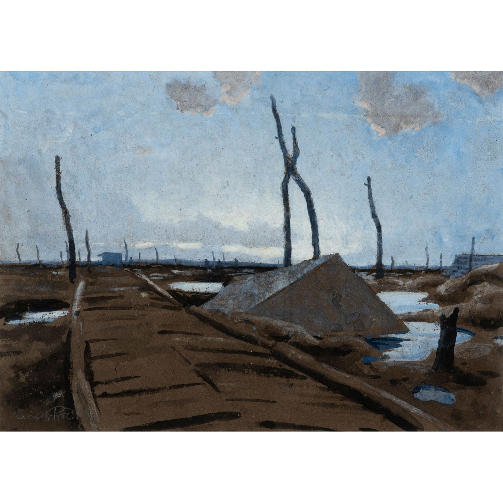 ERNEST PROCTER (BRITISH 1885-1935): ERNEST PROCTER (BRITISH 1885-1935) CARREFOUR CHARPENTIER, YSER, NOVEMBER 1917, 1917 signed in pencil (lower left), watercolour and bodycolour on brown paper 24.5cm x 34cm (9 5/8in x 13 ½i