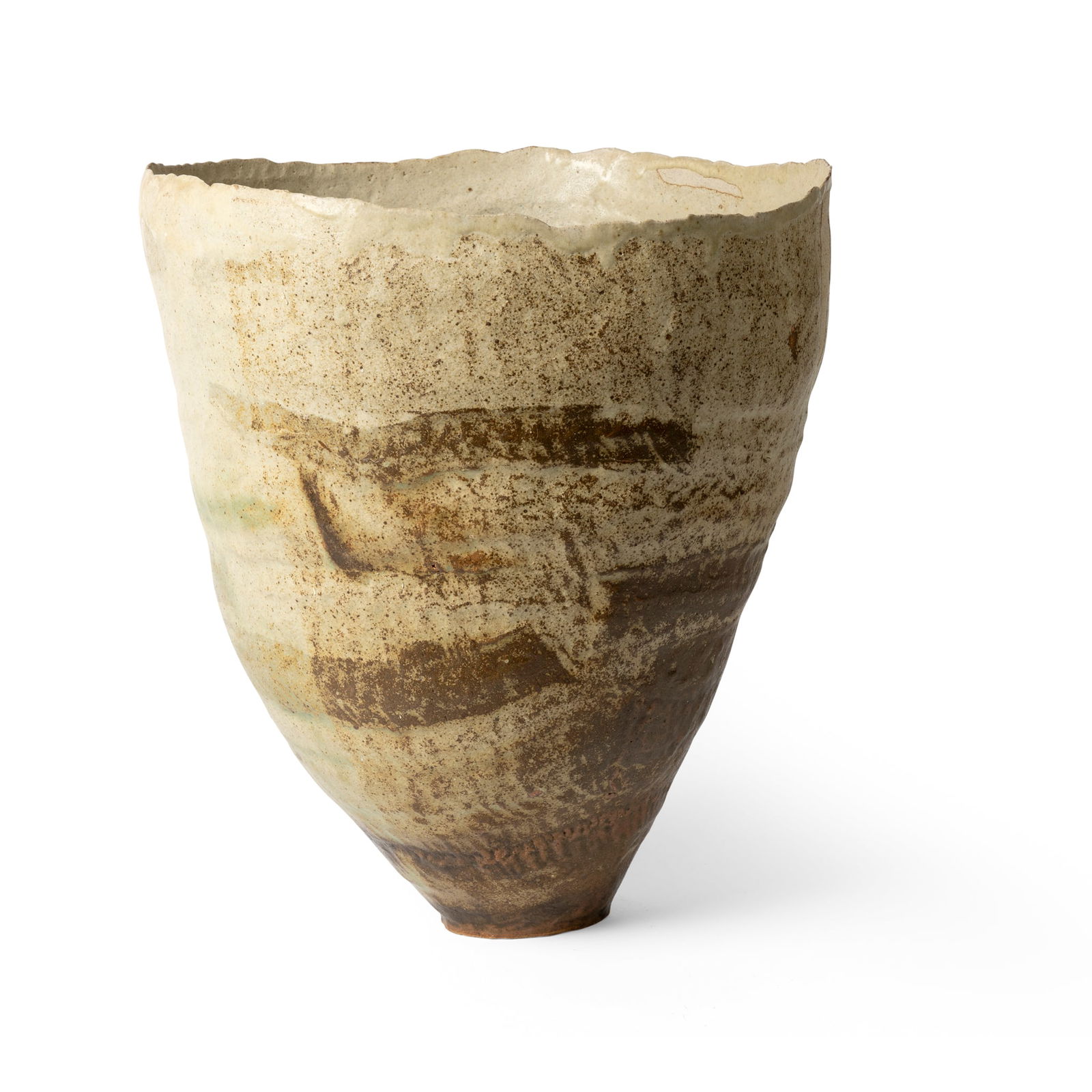 § EWEN HENDERSON (BRITISH 1934-2000): EWEN HENDERSON (BRITISH 1934-2000) LARGE ORGANIC FORM mixed clays, with landscape motifs, in pale fawn and brown glaze 36.5cm high (14 3/8in high) Marjorie Parr Gallery, 1973;Collection of Professor J