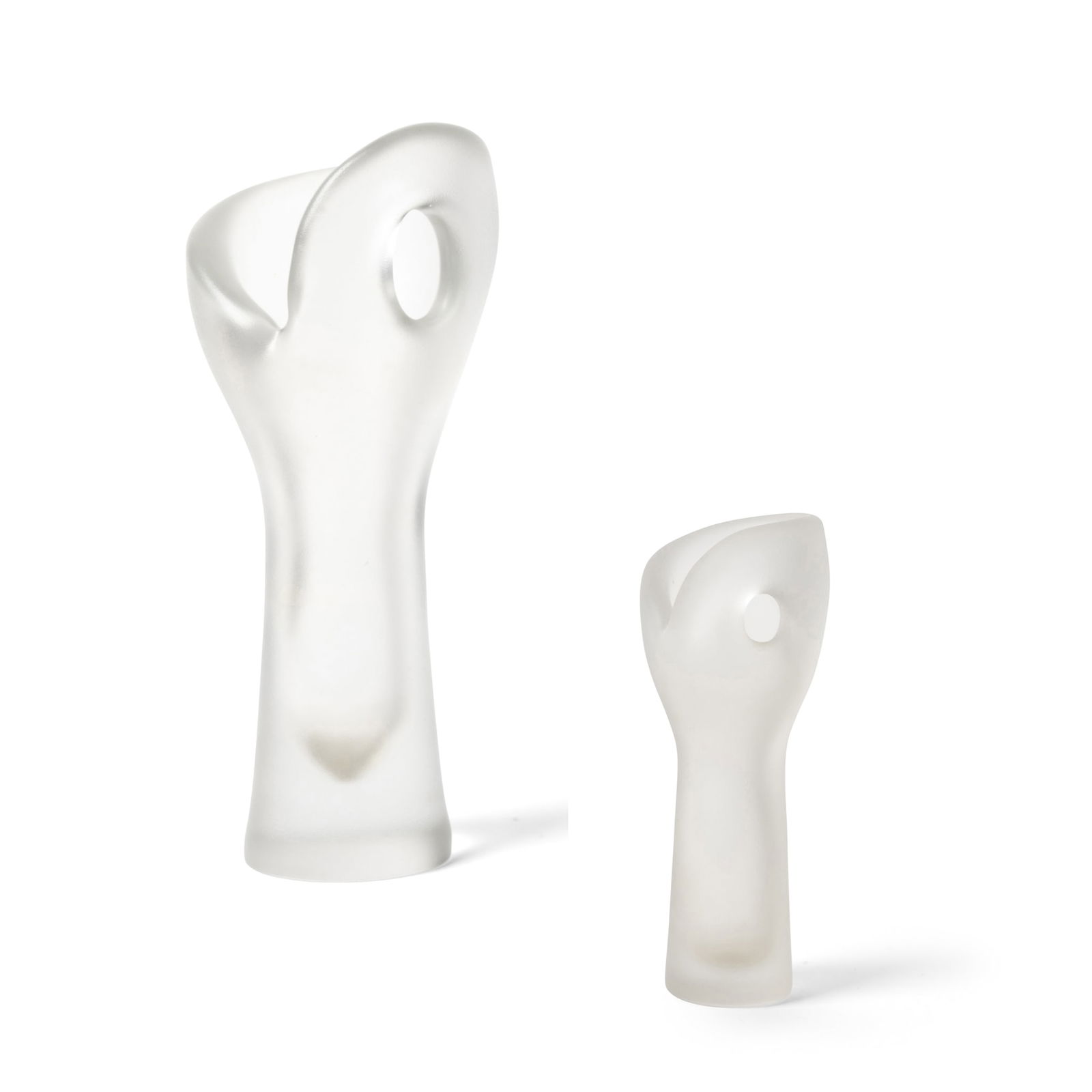 § TIMO SARPANEVA (FINNISH 1926-2006) FOR IITTALA: TIMO SARPANEVA (FINNISH 1926-2006) FOR IITTALA TWO 'HIIDENKIMU' (POTHOLE) VASES, 1950s the taller example signed Timo Sarpaneva Iittala, sandblasted and acid treated clear glass 29cm high and 17.7cm h