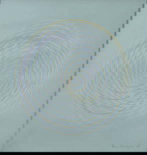 § PETER SEDGLEY (BRITISH, 1930-2025): PETER SEDGLEY (BRITISH, 1930-2025) HELIX CIRCLES ON DARK GREEN, 1965 signed and dated in crayon (lower right); gouache on card 37.5cm x 35.5cm (14 ¾in x 14 in) The Artist;Redfern Gallery, Londo