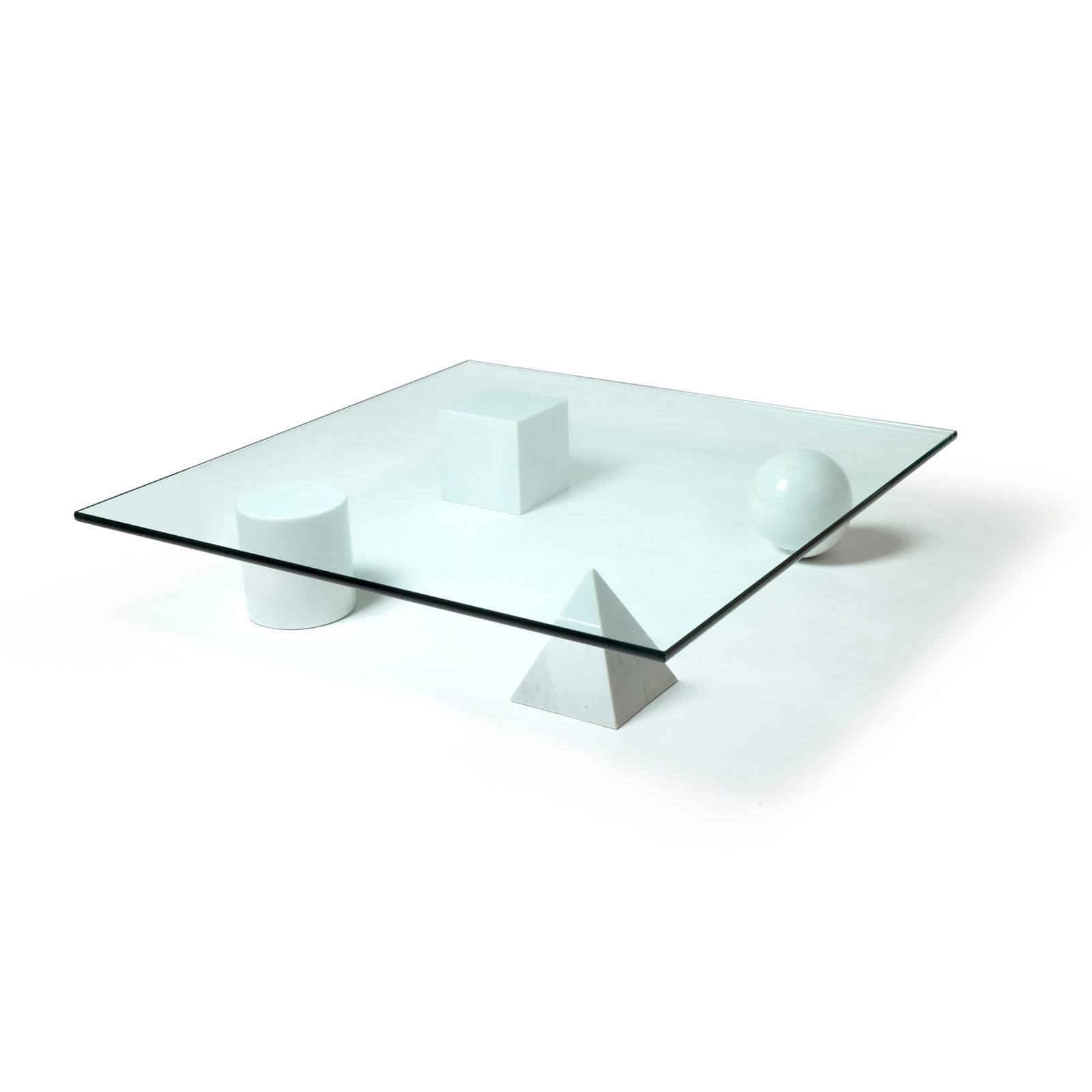 MASSIMO & LELLA VIGNELLI (ITALIAN 1931-2014 & 1934-2016) FOR CASIGLIANI: MASSIMO & LELLA VIGNELLI (ITALIAN 1931-2014 & 1934-2016) FOR CASIGLIANI 'METAFORA' COFFEE TABLE, DESIGNED 1979 white marble and glass 22cm high, 100cm wide, 100cm deep (8 5/8in high, 39 3/8in wide, 39