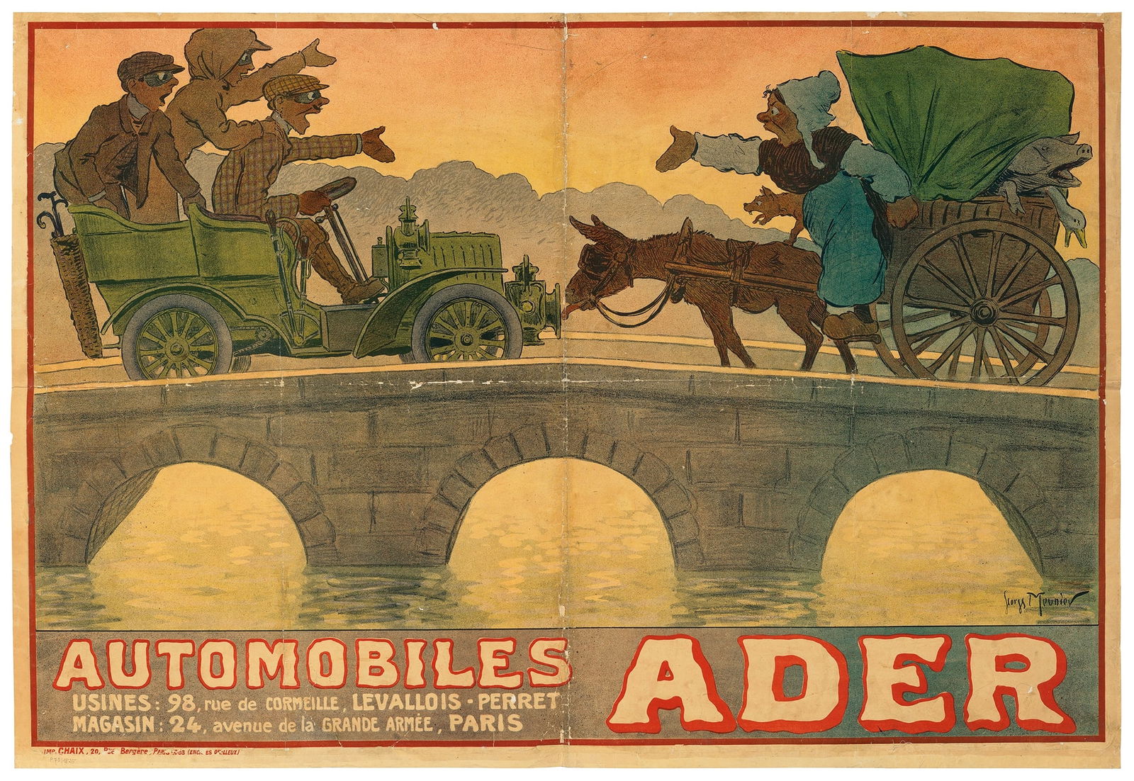 GEORGES MEUNIER (1869-1942): GEORGES MEUNIER (1869-1942) AUTOMOBILES ADER lithographic poster, 1903, condition B-; baked on linen 41.5 x 61 in. (105 x 155 cm.) Restituted to the heirs of Dr. Hans Sachs by the German Goverment, 20